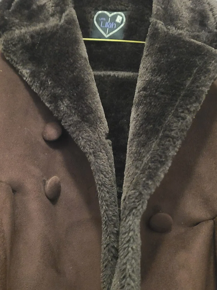 Girl's chocolate double breast winter faux suede coat Size 5 image indicator(2)