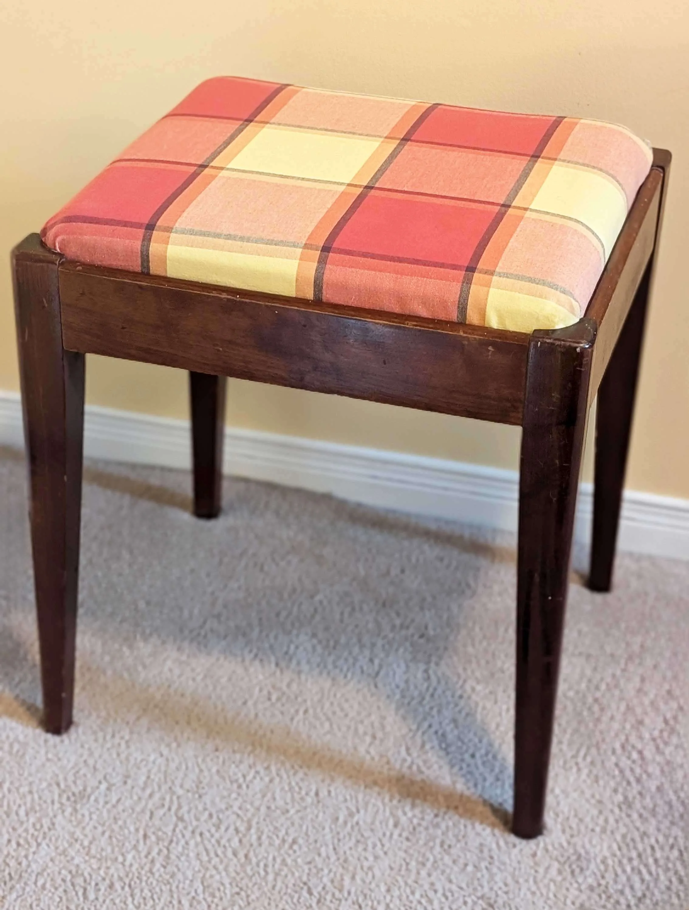 Vintage MCM Plaid Upholstered Stool with Storage image indicator(2)