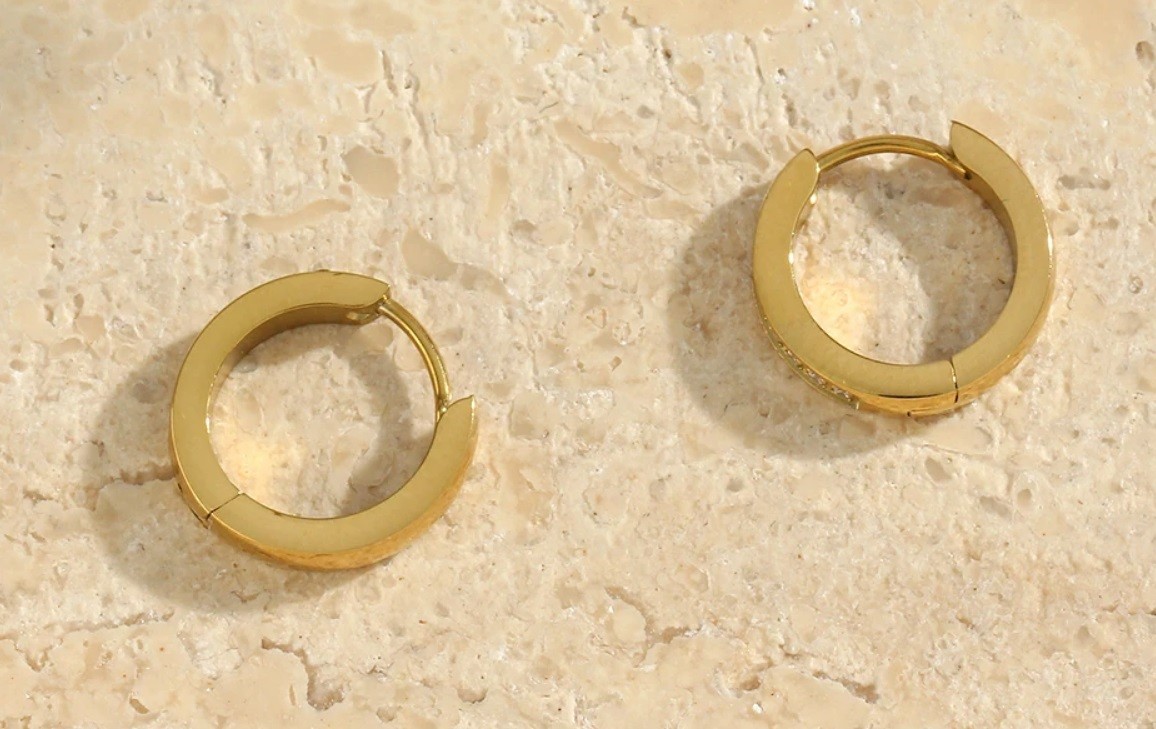 18K Gold Plated Huggie Hoop Earrings with Crystal (tarnish free) - photo 3