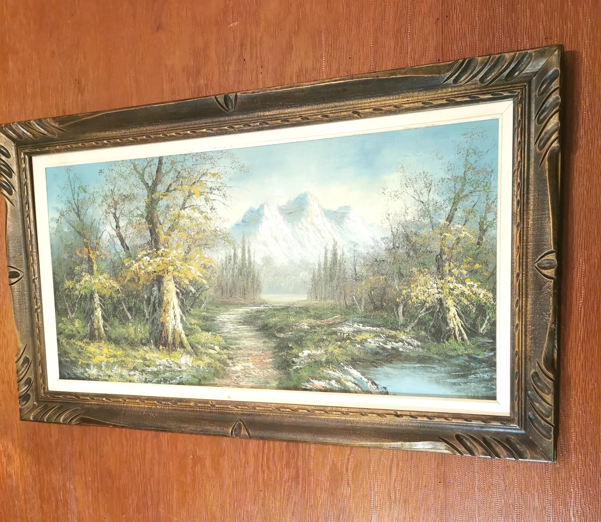 XXL 70s Impasto Oil Painting Mountain Landscape 47.5" Wood Frame image indicator(2)
