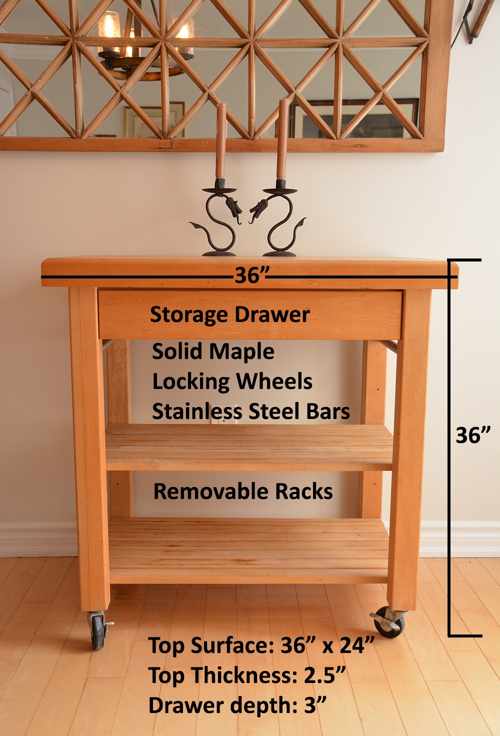 Solid Maple Butcher's Block Table - Locking Wheels - photo 3