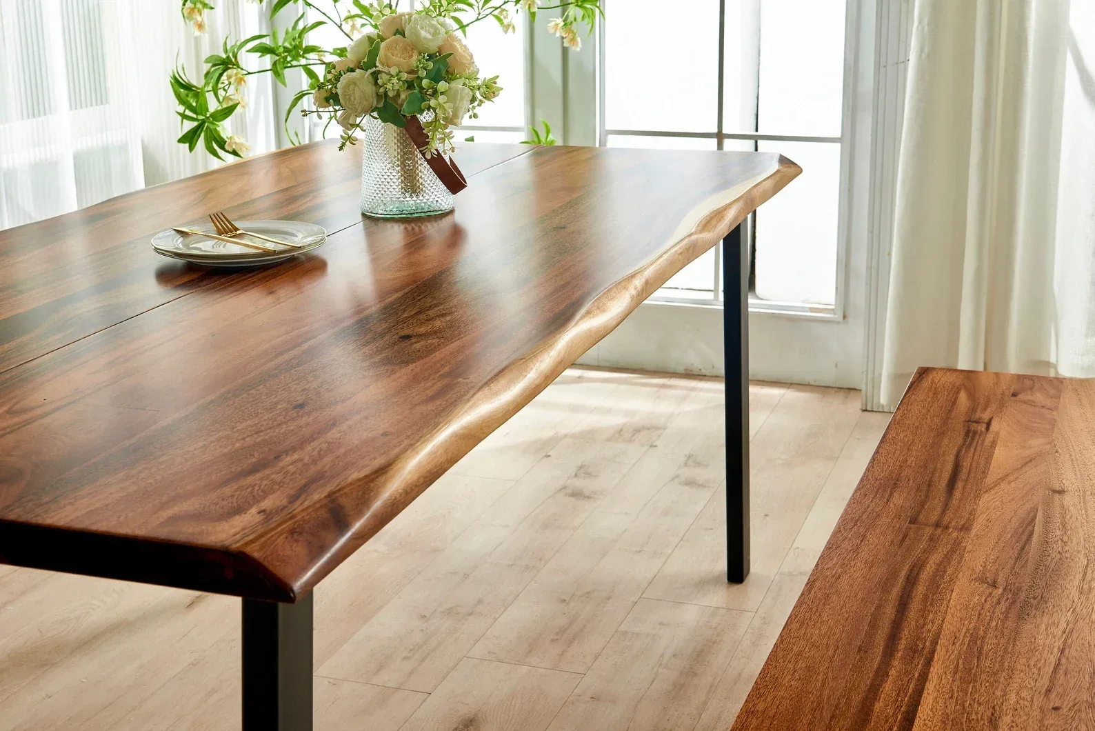 Live Edge Walnut Dining Table: Modern Steel Legs, Hand-Crafted thumbnail