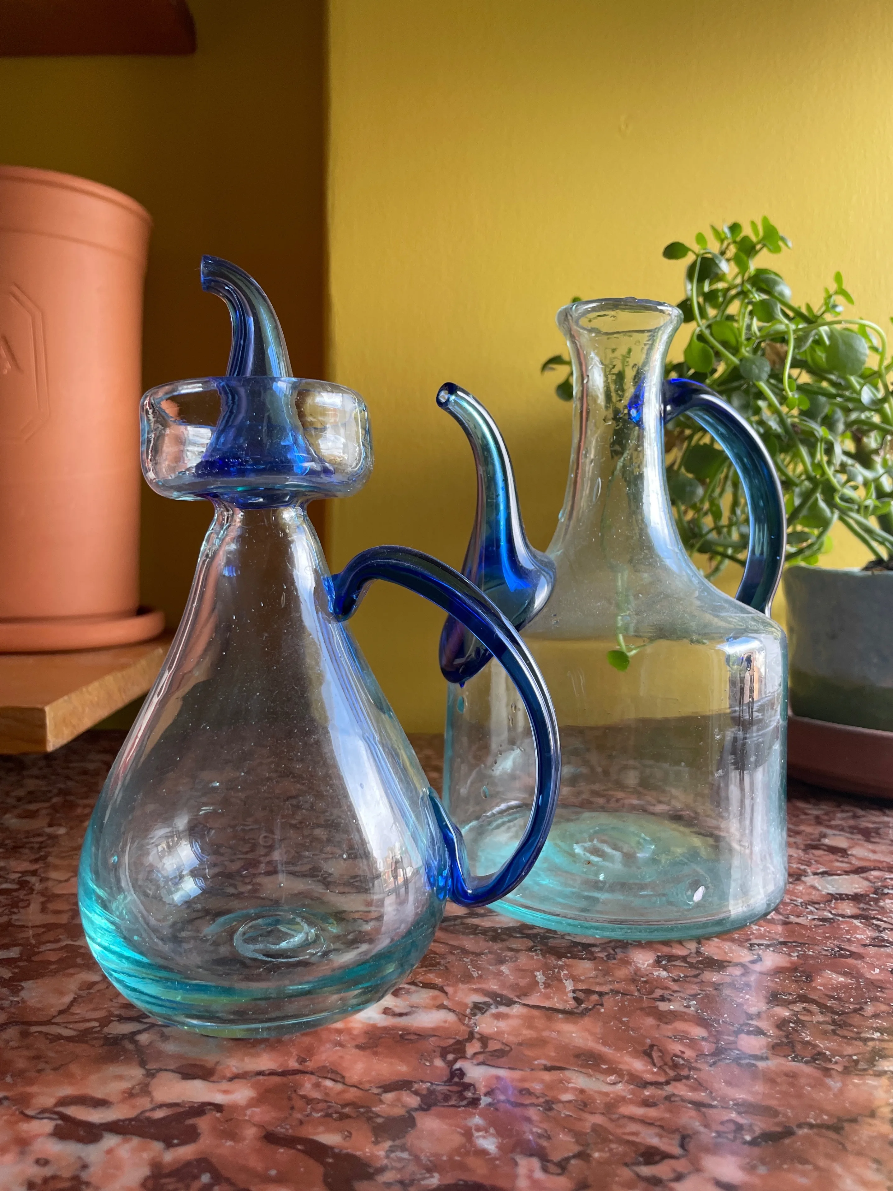 Vintage hand blown glass oil and vinegar cruet set. thumbnail