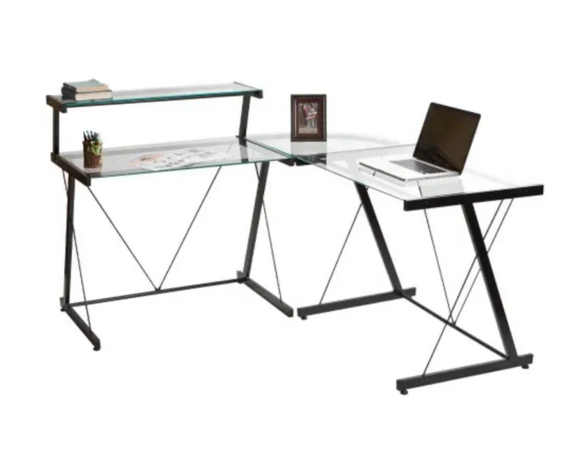 ✨ Modern L-Shaped Glass Computer Desk – Excellent Condition.