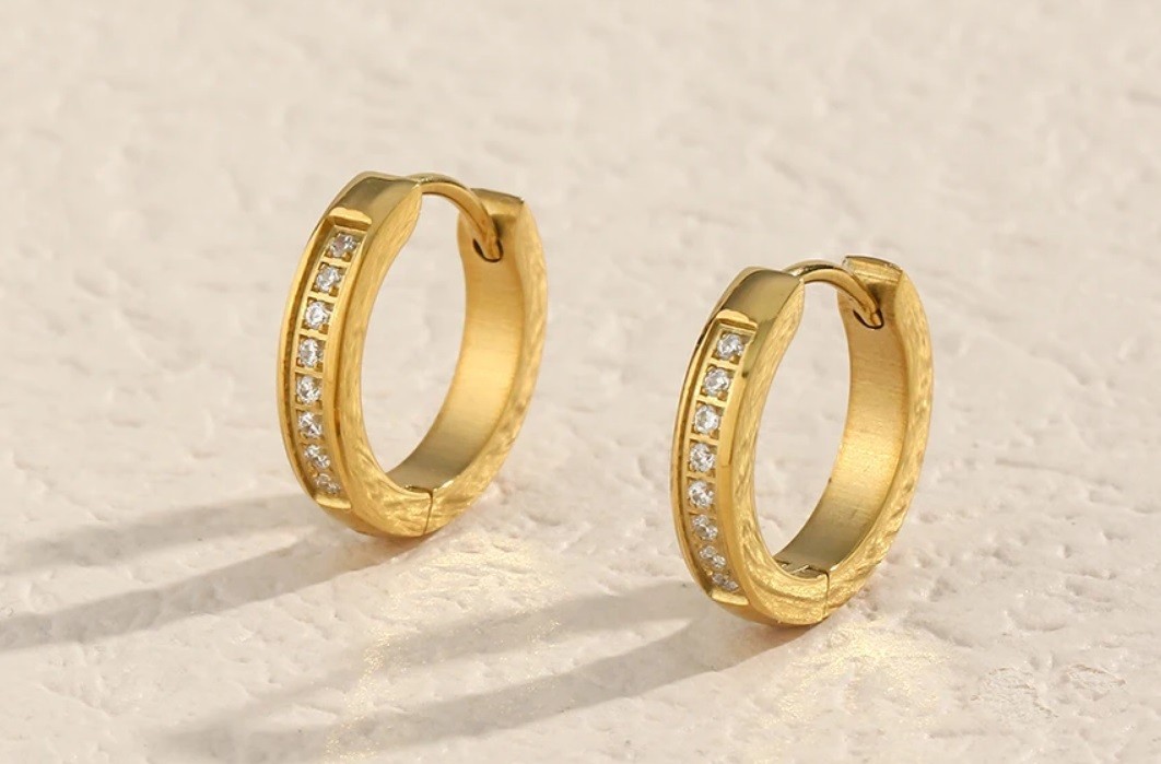 18K Gold Plated Huggie Hoop Earrings with Crystal (tarnish free) - photo 2