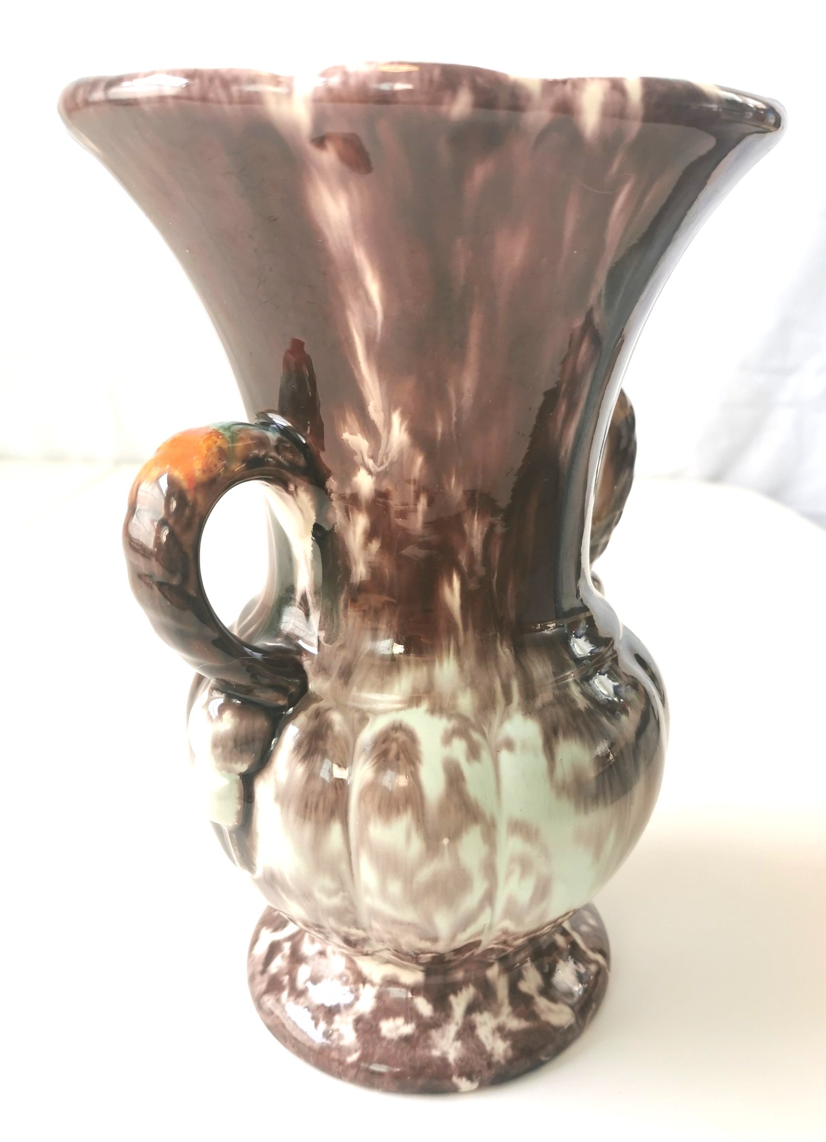 Brown Drip Glaze Double-Handled Pottery Vase circa 60s Unmarked - photo 3