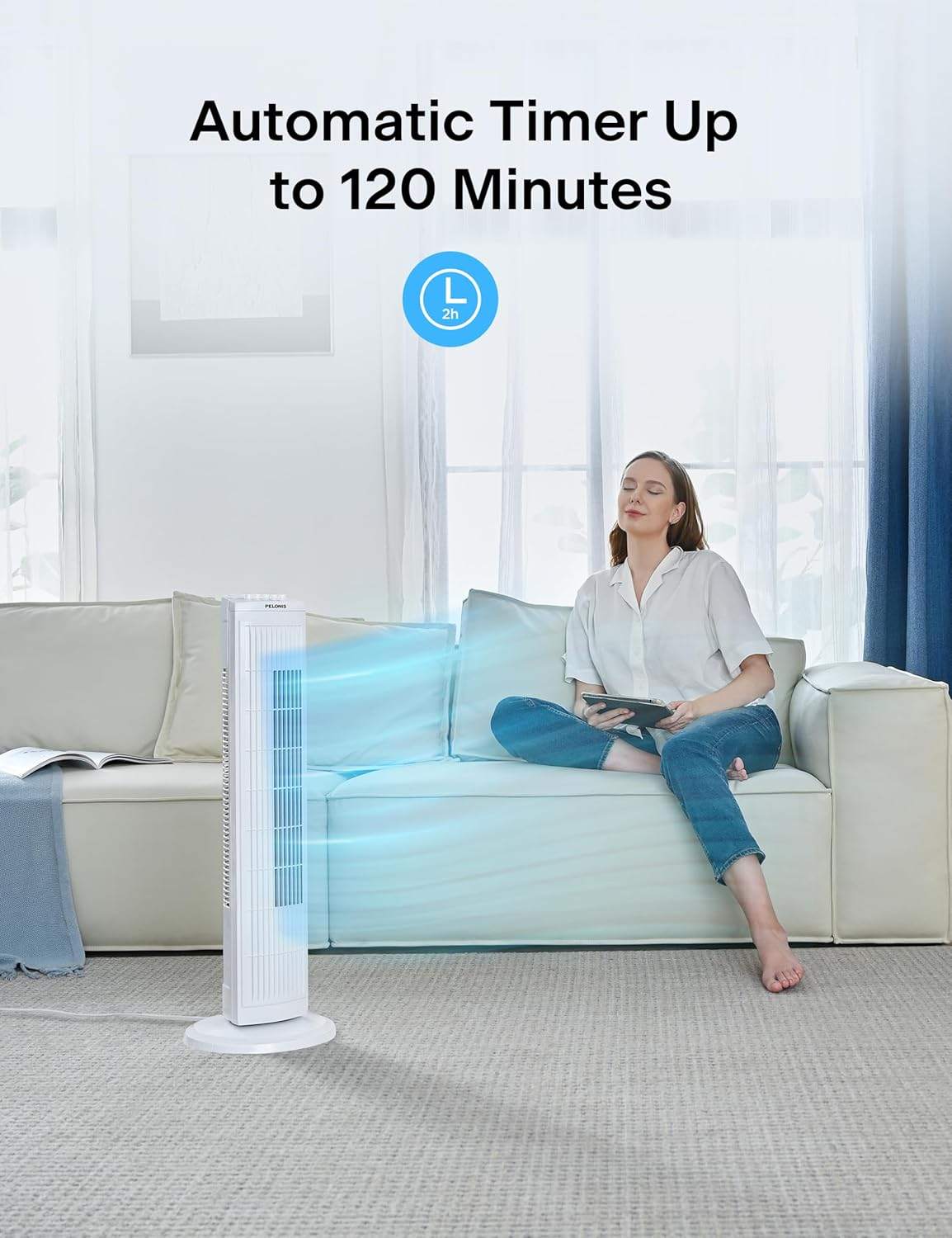 PELONIS 30" Oscillating Tower Fan with 3 Speeds & Timer – White - photo 5