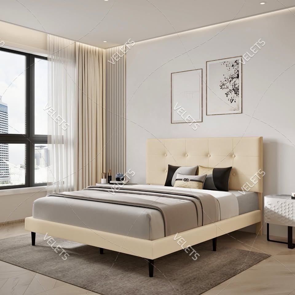 Stunning Tufted Platform Bed – Modern Beige/D Grey Finish - photo 2