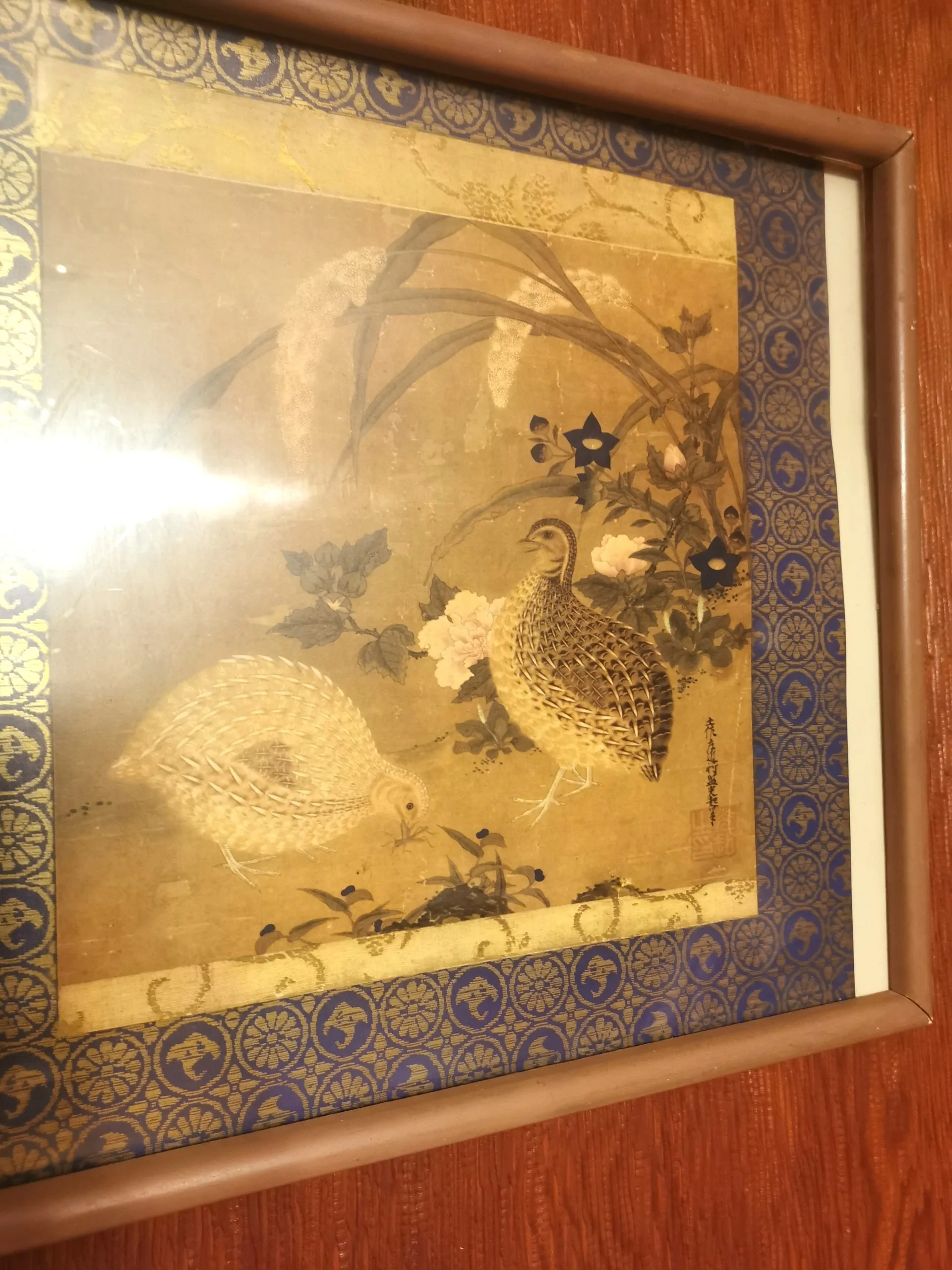 Tosa Mitsuoki Woodblock Print Quail Flowers Japan DAMAGED FRAME image indicator(9)