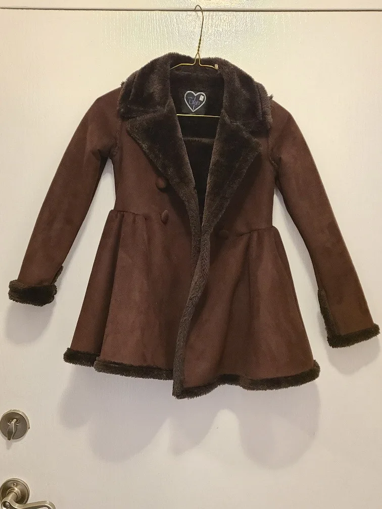 Girl's chocolate double breast winter faux suede coat Size 5 thumbnail
