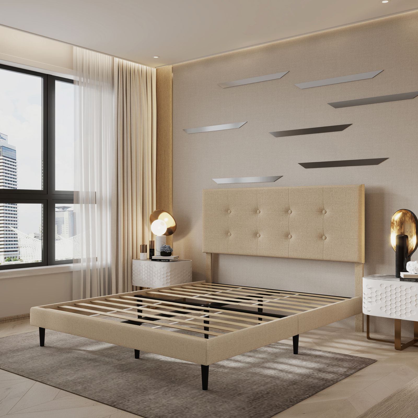 Stunning Tufted Platform Bed – Modern Beige/D Grey Finish - photo 4