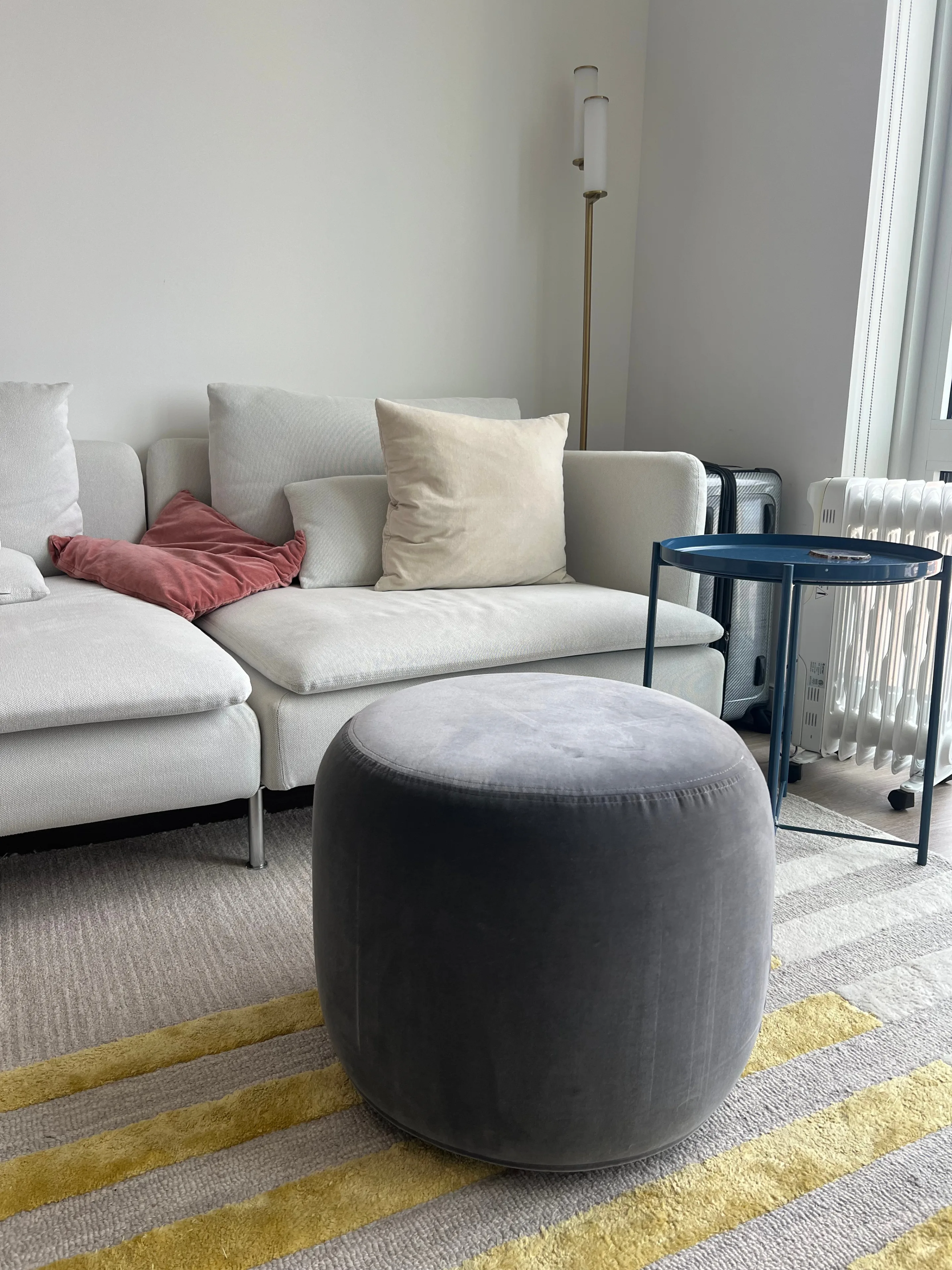 Round Pouf Ottoman in Grey Velvet thumbnail
