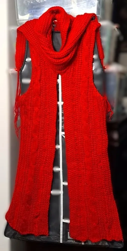Red Knitted Cardigan Vest Sweater with Crochet Detail image indicator(2)
