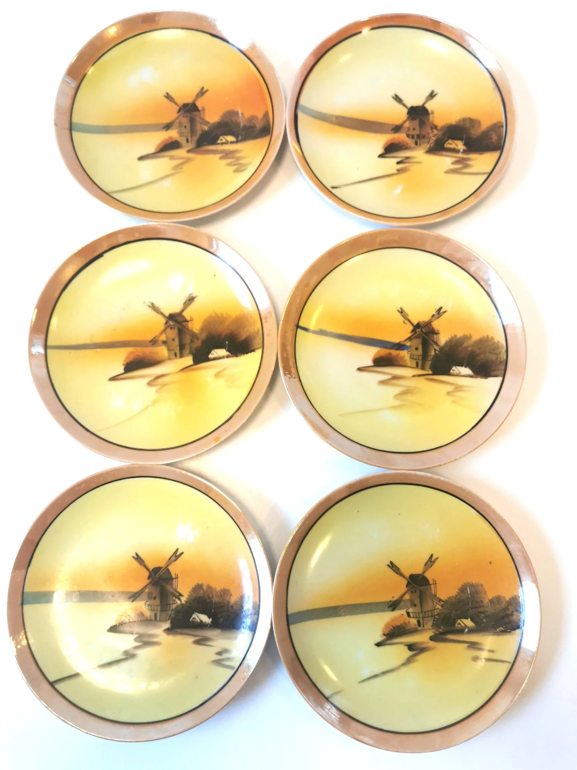 6 1950s MADE IN JAPAN Lusterware Plates Windmill Countryside