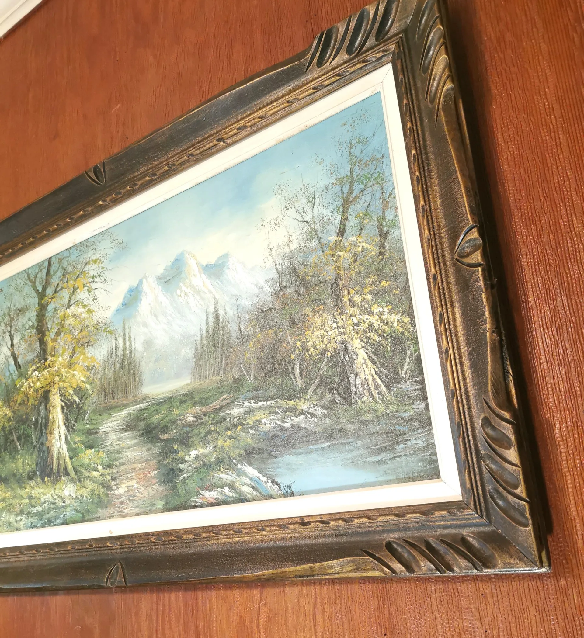 XXL 70s Impasto Oil Painting Mountain Landscape 47.5" Wood Frame image indicator(10)