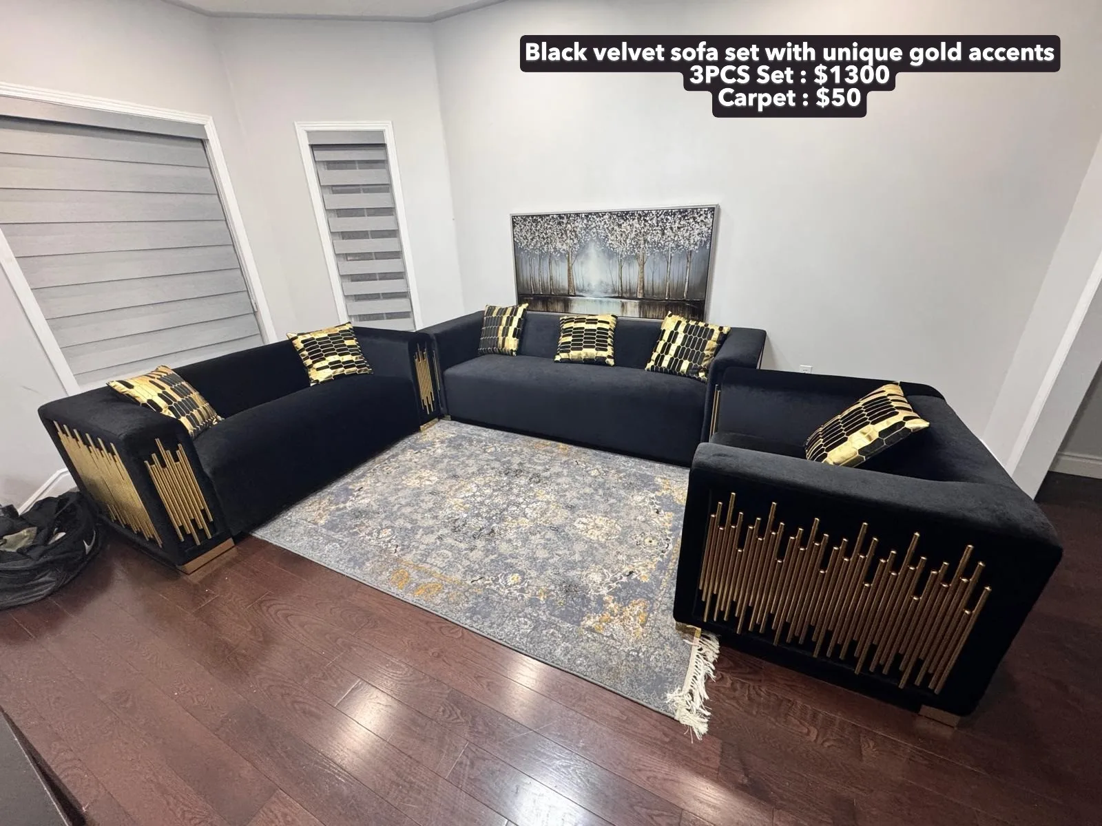 Black Velvet 3-Piece Sofa Set (Sofa, Loveseat, Chair)