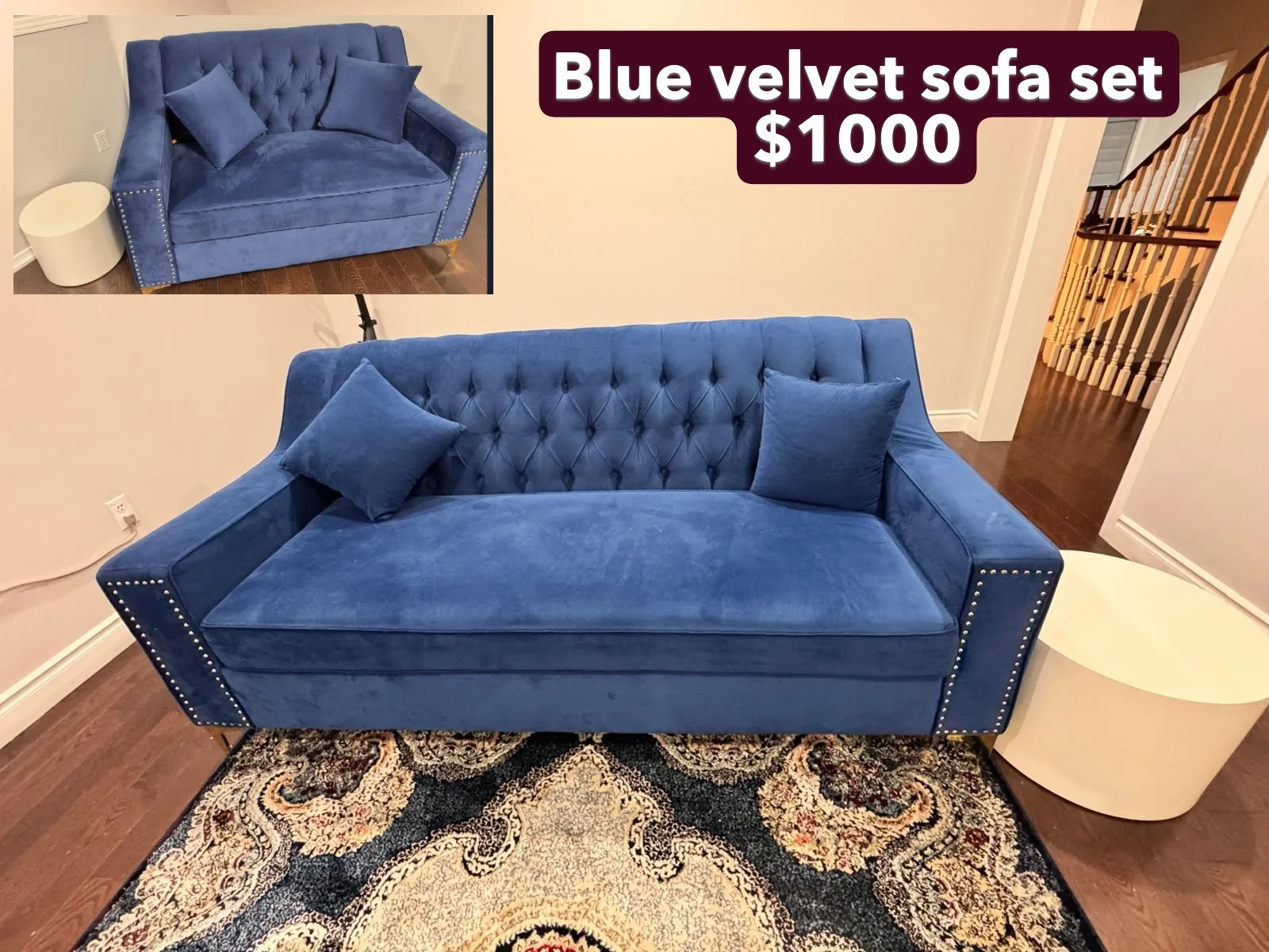 Blue Velvet Sofa Set (3-Seater + 2-Seater)