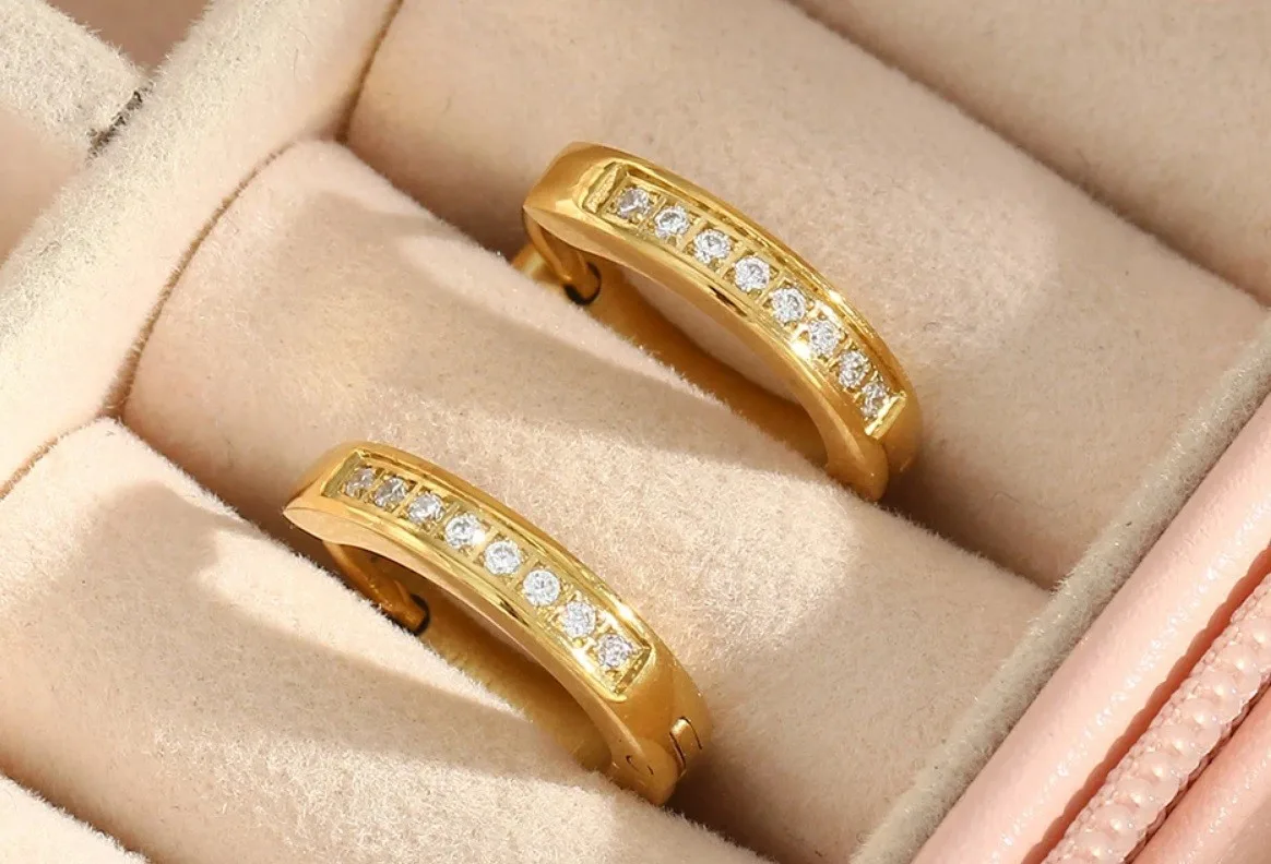 18K Gold Plated Huggie Hoop Earrings with Crystal (tarnish free)