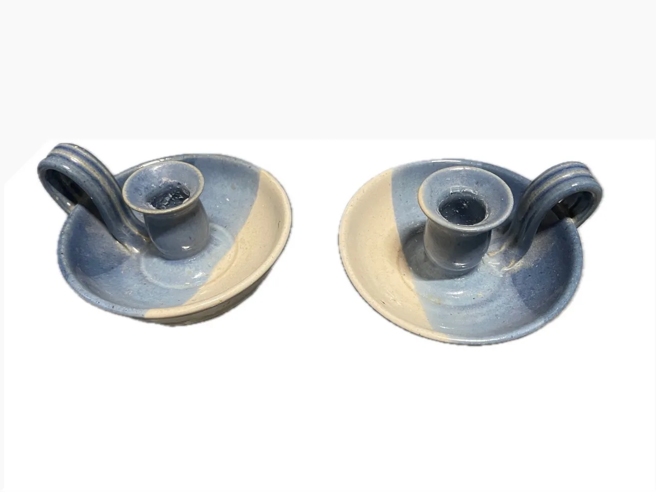 Pair of Blue & Beige Ceramic Candlestick Holders