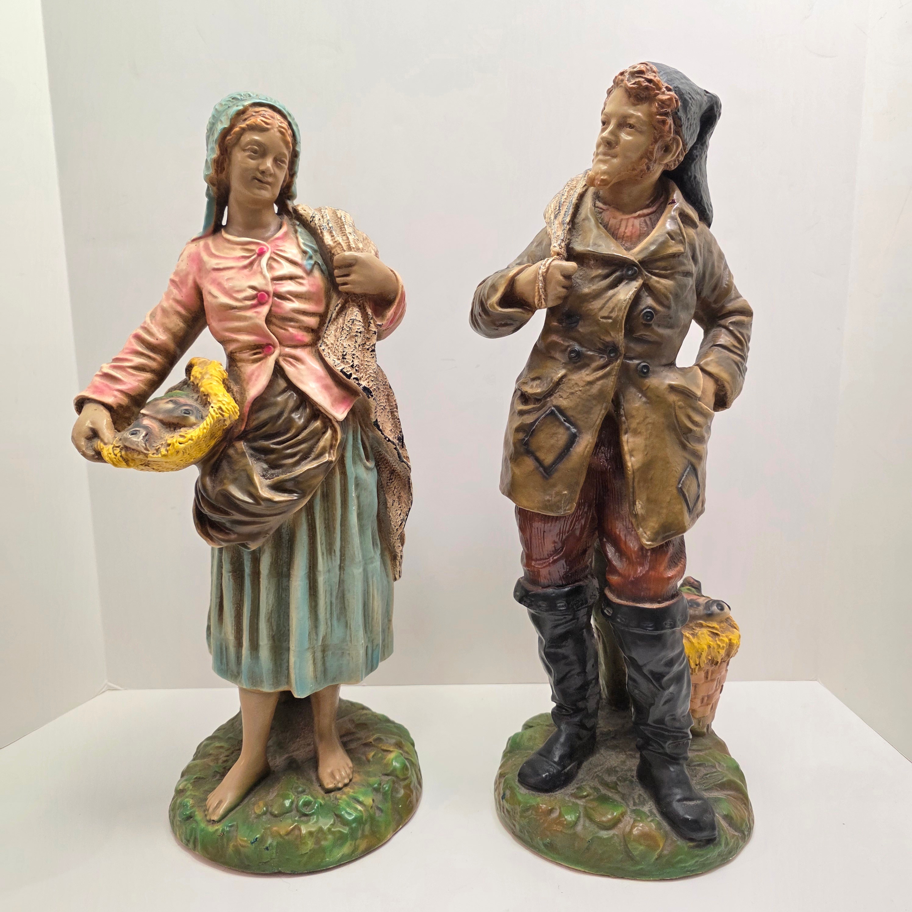 Vintage Large Peasant Couple Chalkware Figurines