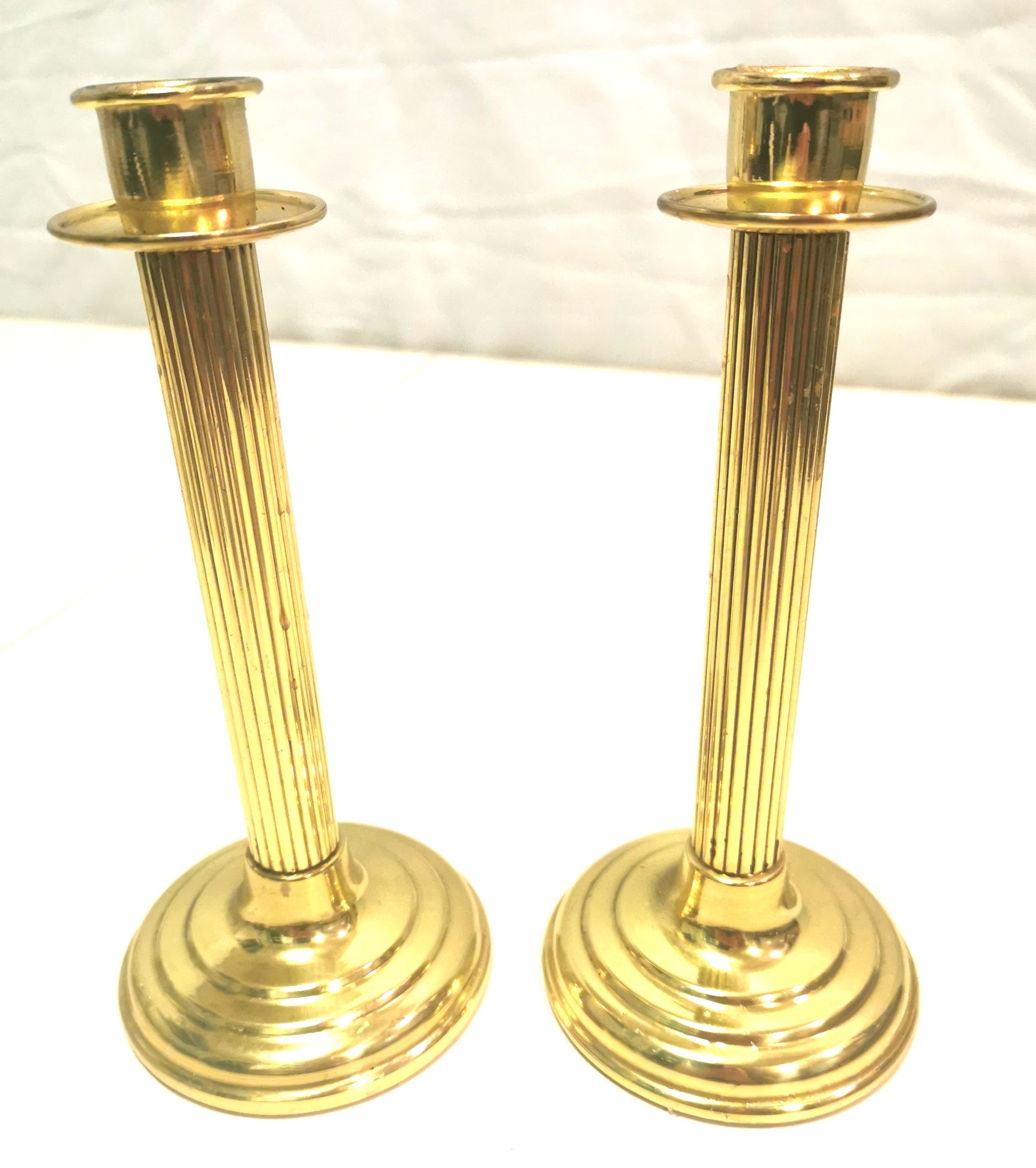 1970s 8" Brass Fluted Column Candlestick Holders Pair Taiwan