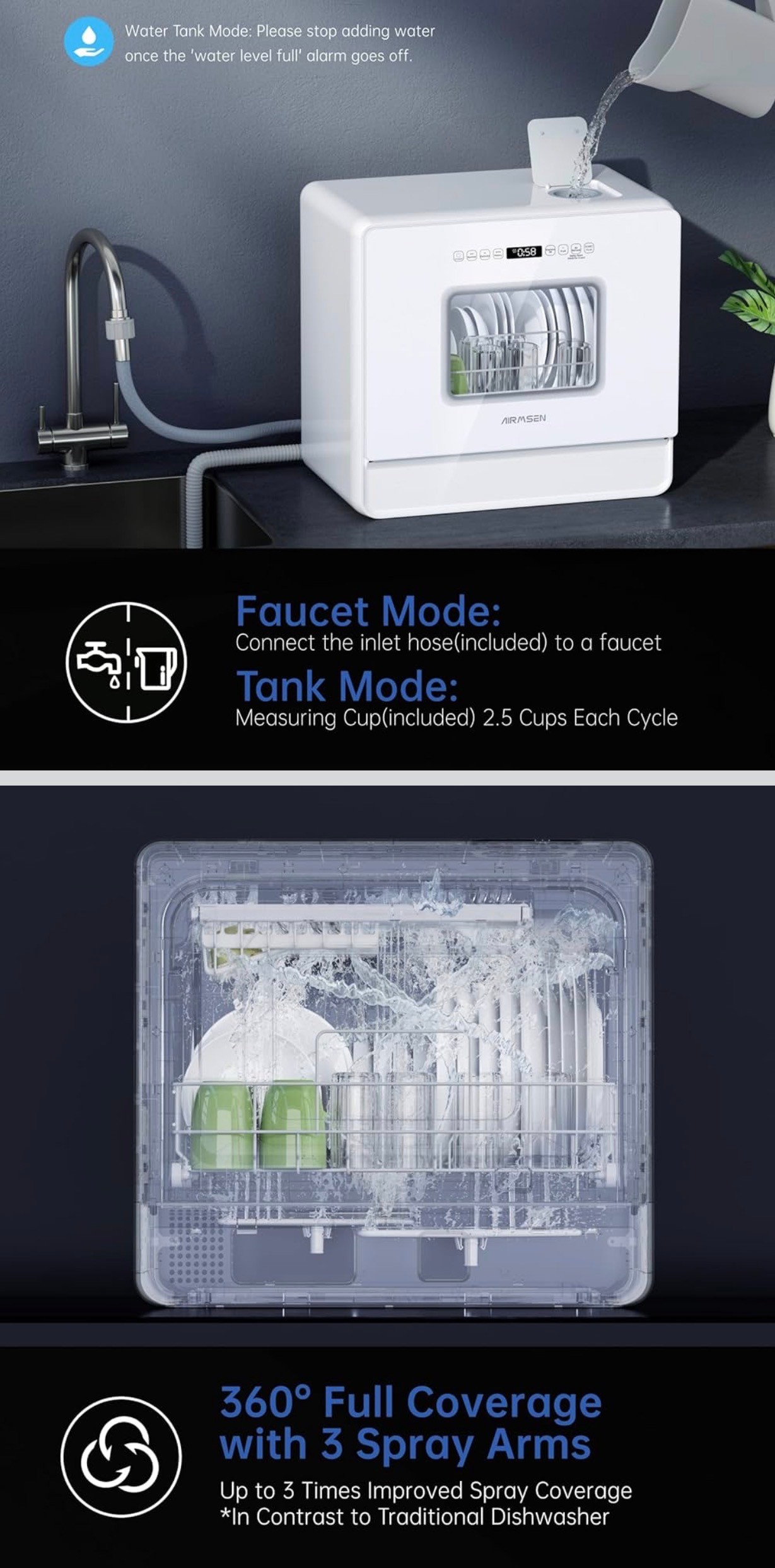 Portable Dishwasher 2-Level Rack 5L Built-in Water Tank 3-Spray