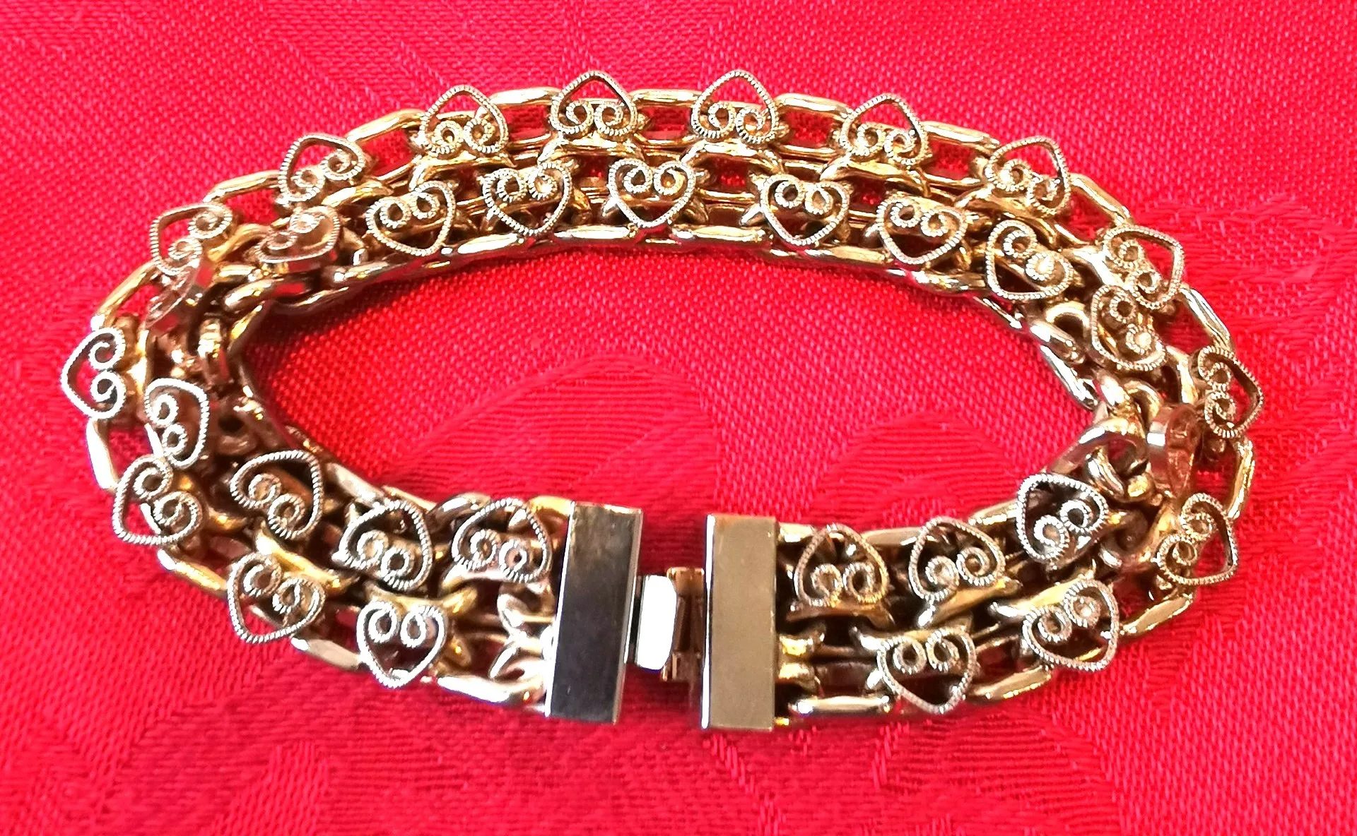 Gold Tone Multi Strand Square Link Filigree Heart 1960s Small