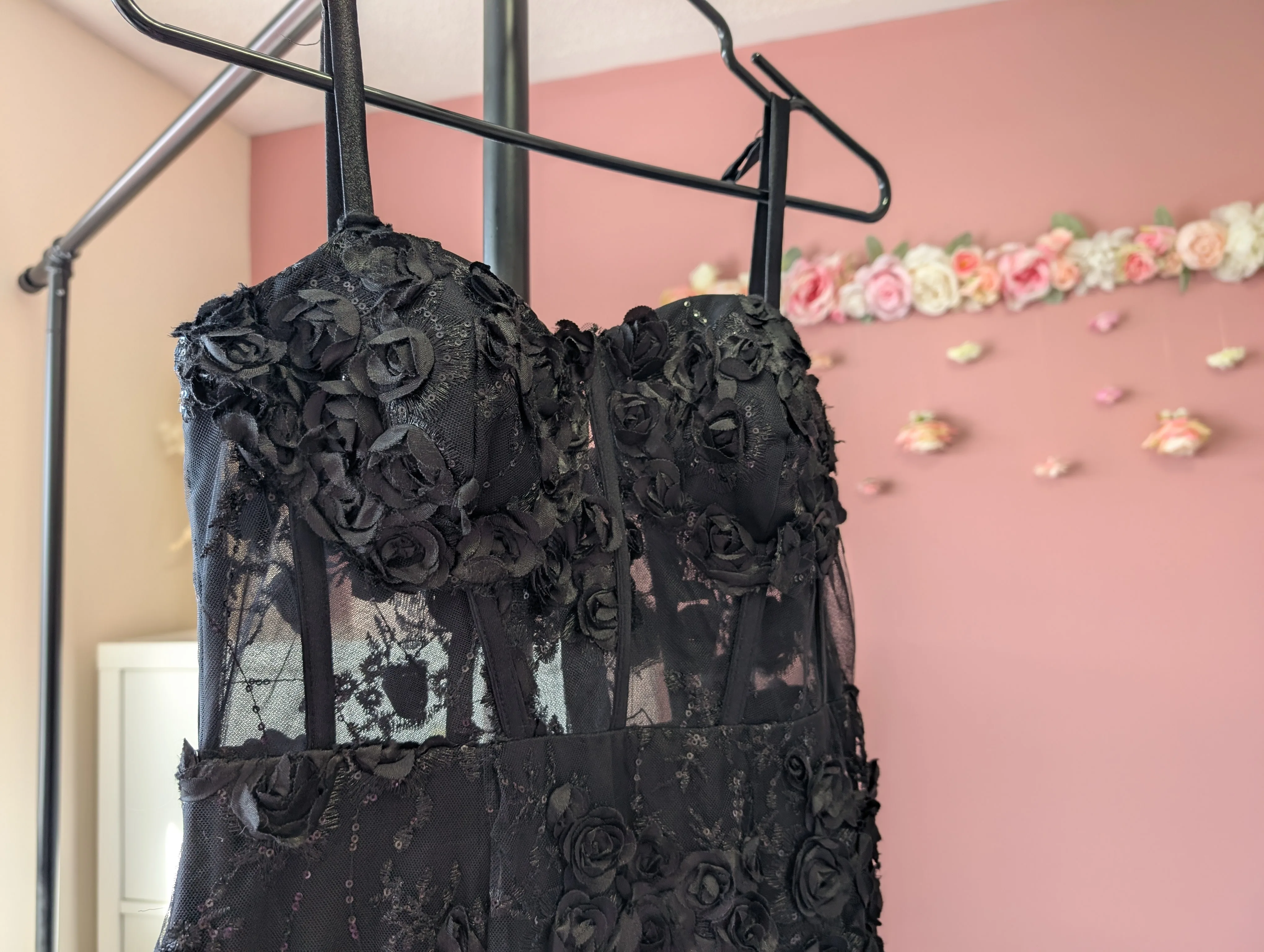 Size Small Black Corset Gown with 3D Floral Embellishments image indicator(2)