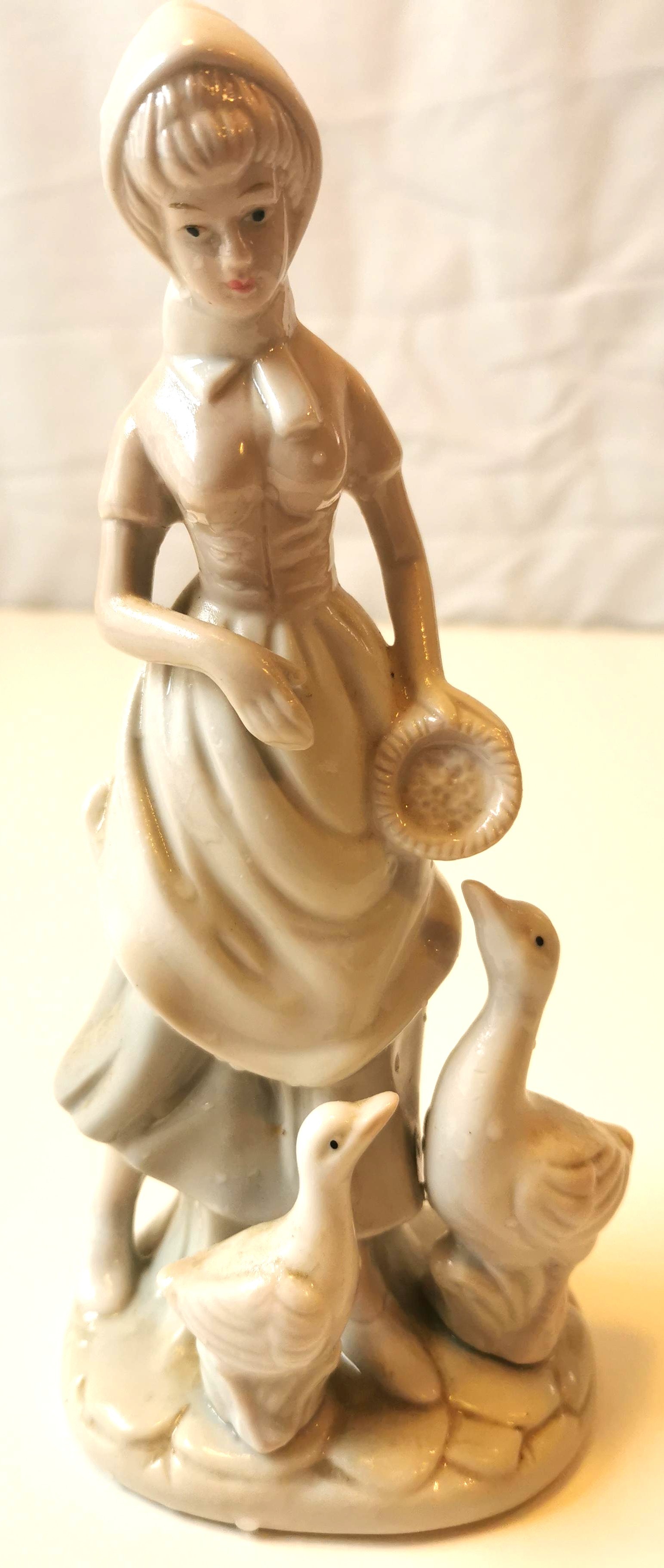 Vintage Porcelain Goose Girl Figurine 8" - Blue & White Dress
