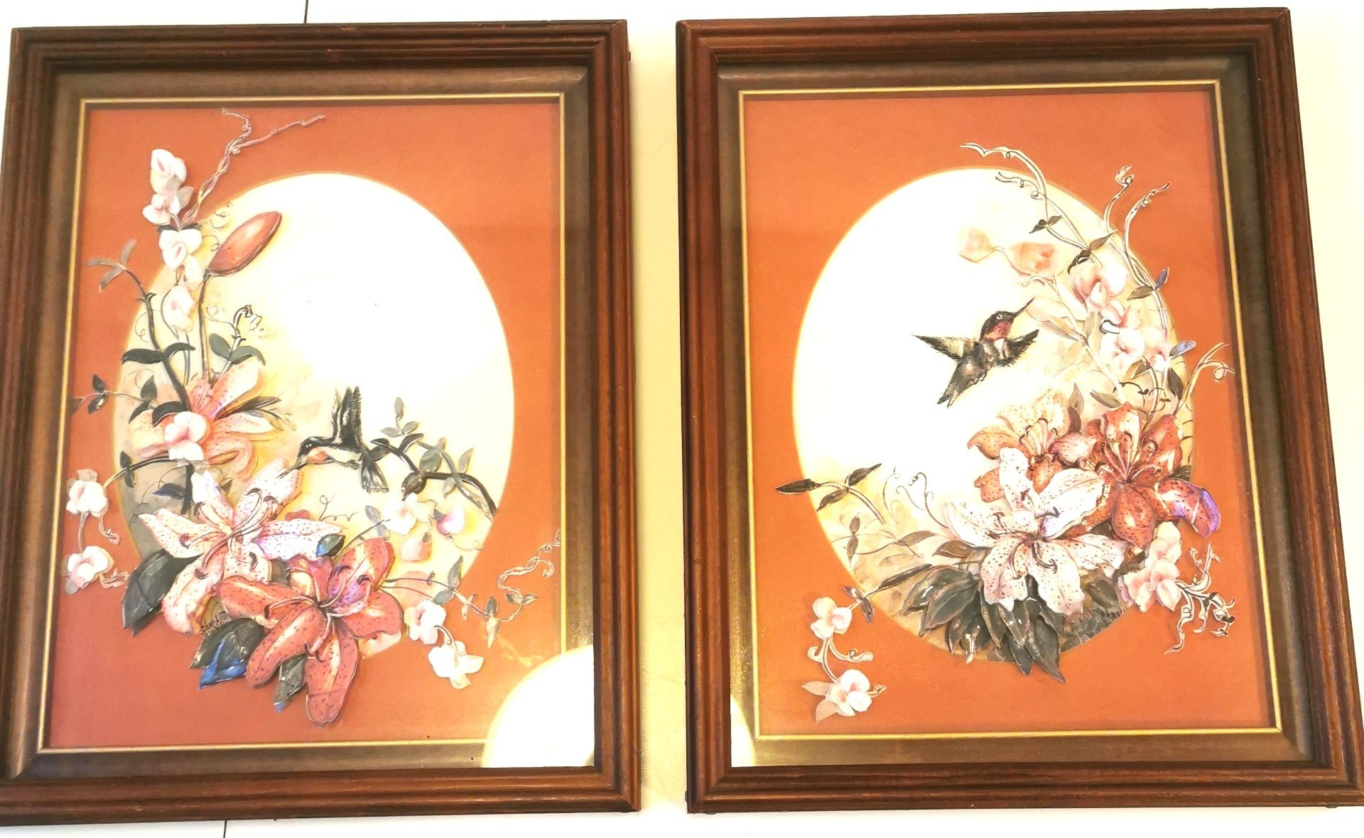 Pair 1980s 3D Paper Tole Art - Hummingbird & Tiger Lily