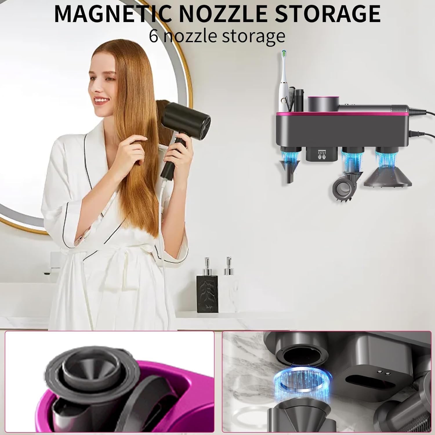 Gugxiom Hair Dryer Holder Wall Mounted (Rose Red)