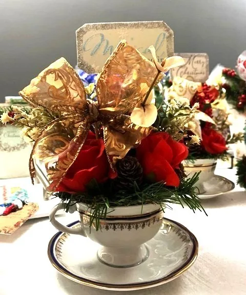 Elegant Decorative Holiday China Tea Cup Floral Arrangement