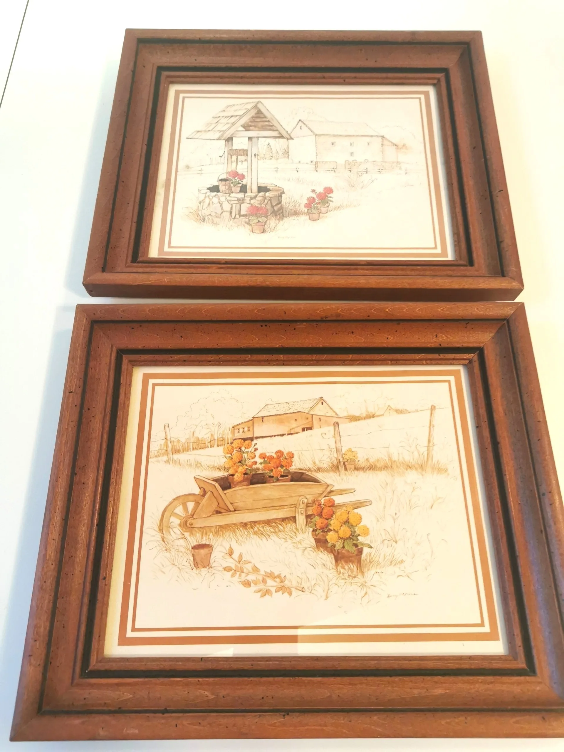 Wesley Hall Wood Prints Wishing Well Wheelbarrow 1970s 12.5x10.5