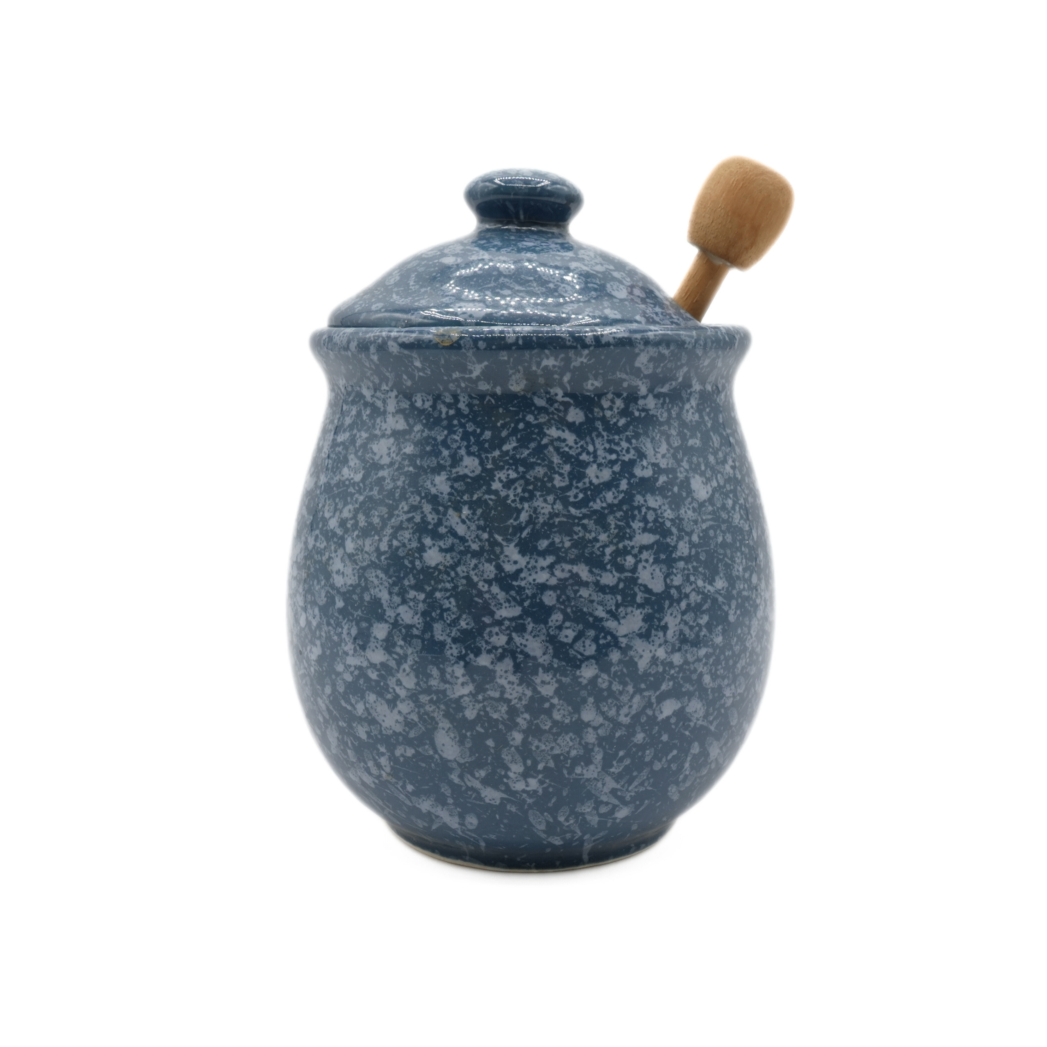 Blue speckled ceramic honey pot with dipper - photo 2
