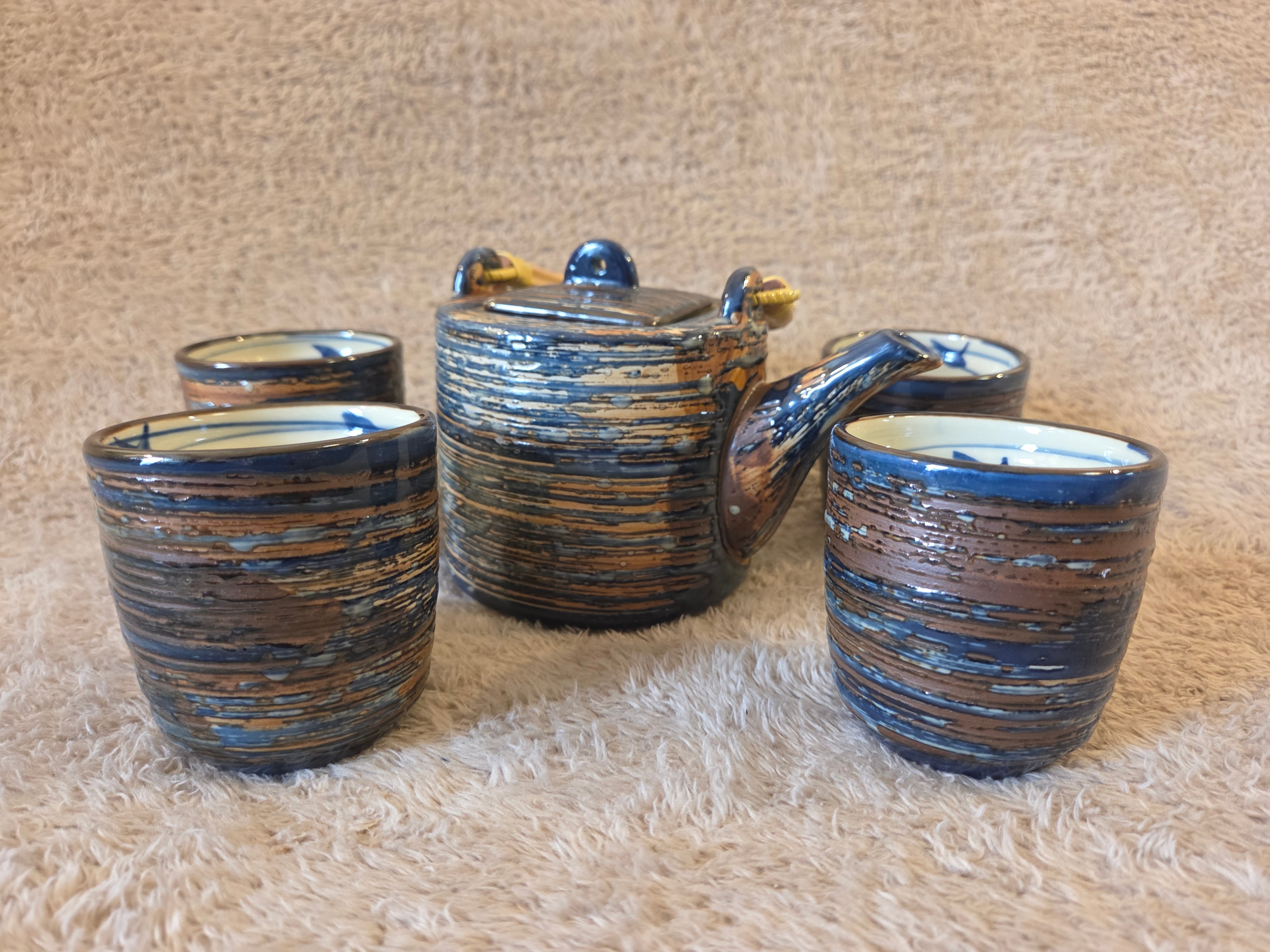 Stoneware Tea Set – Teapot + 4 Cups, Bamboo Handle - photo 5