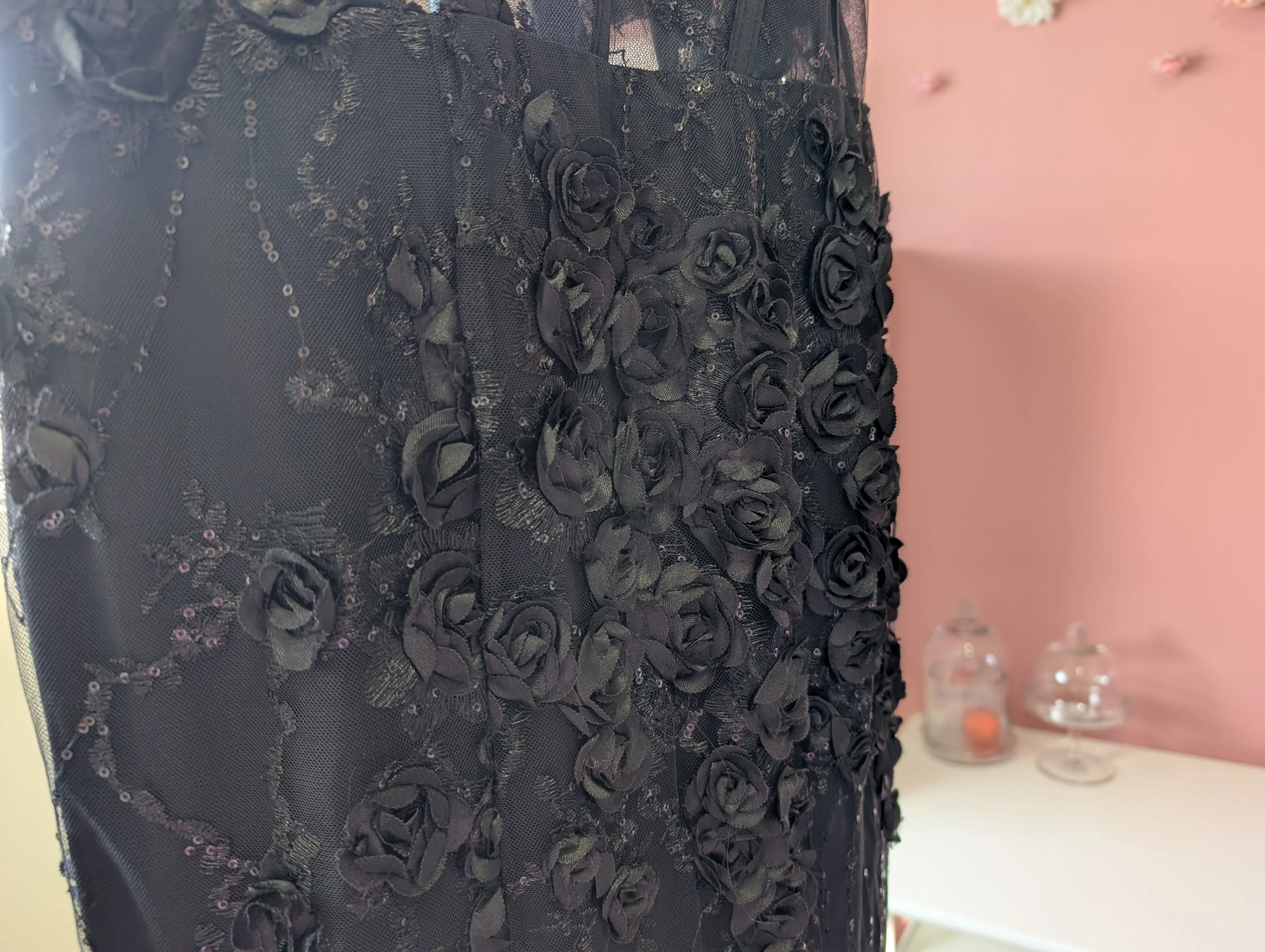 Size Small Black Corset Gown with 3D Floral Embellishments image indicator(3)