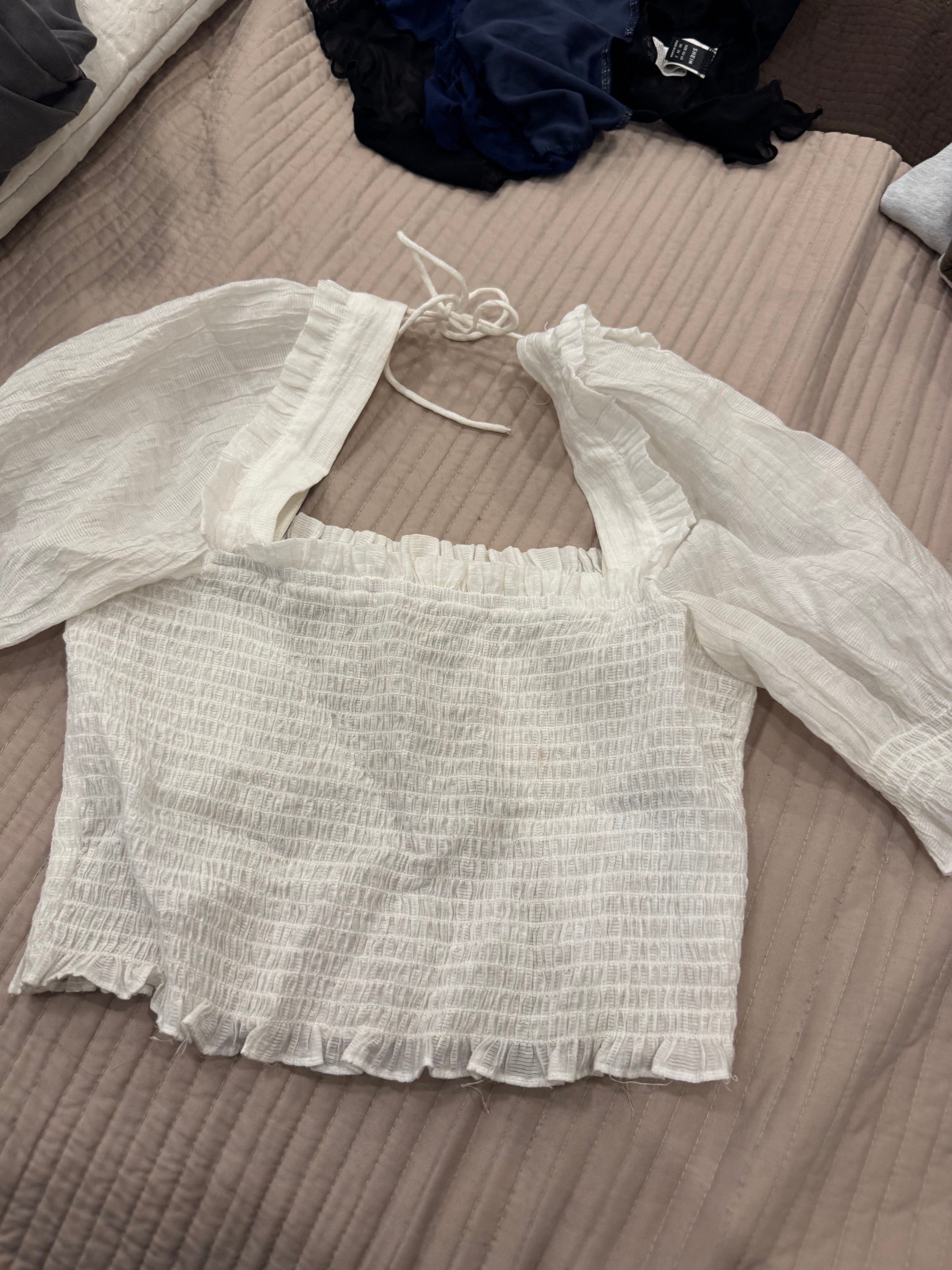 White Smocked Puff Sleeve Top – Size S