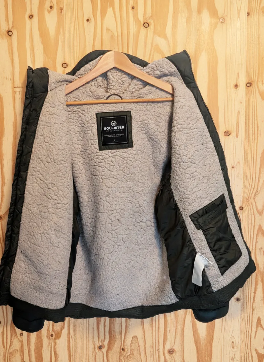 HOLLISTER Mens Green Puffer Jacket Sherpa Hood Coat Winter Sz. L image indicator(3)