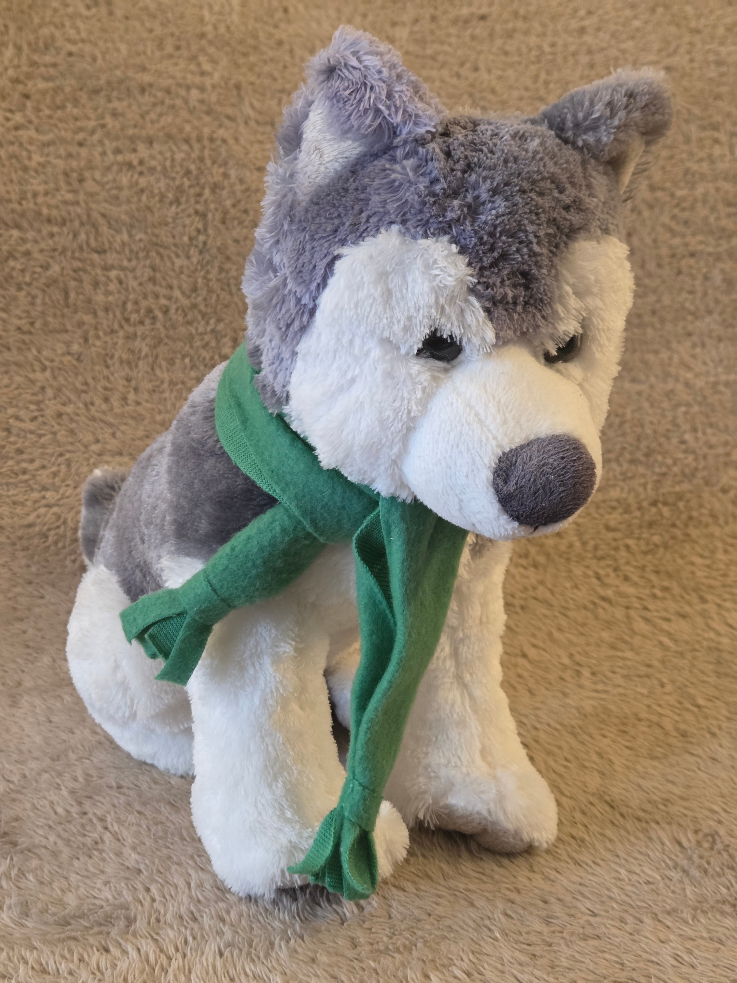 Soft Plush Husky Dog – Medium, w/ Green Scarf