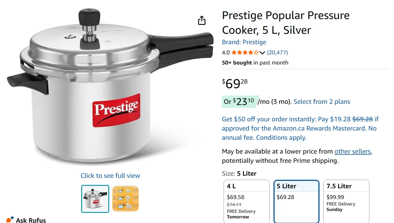 Prestige Popular Pressure Cooker, 5 L - Excellent Condition