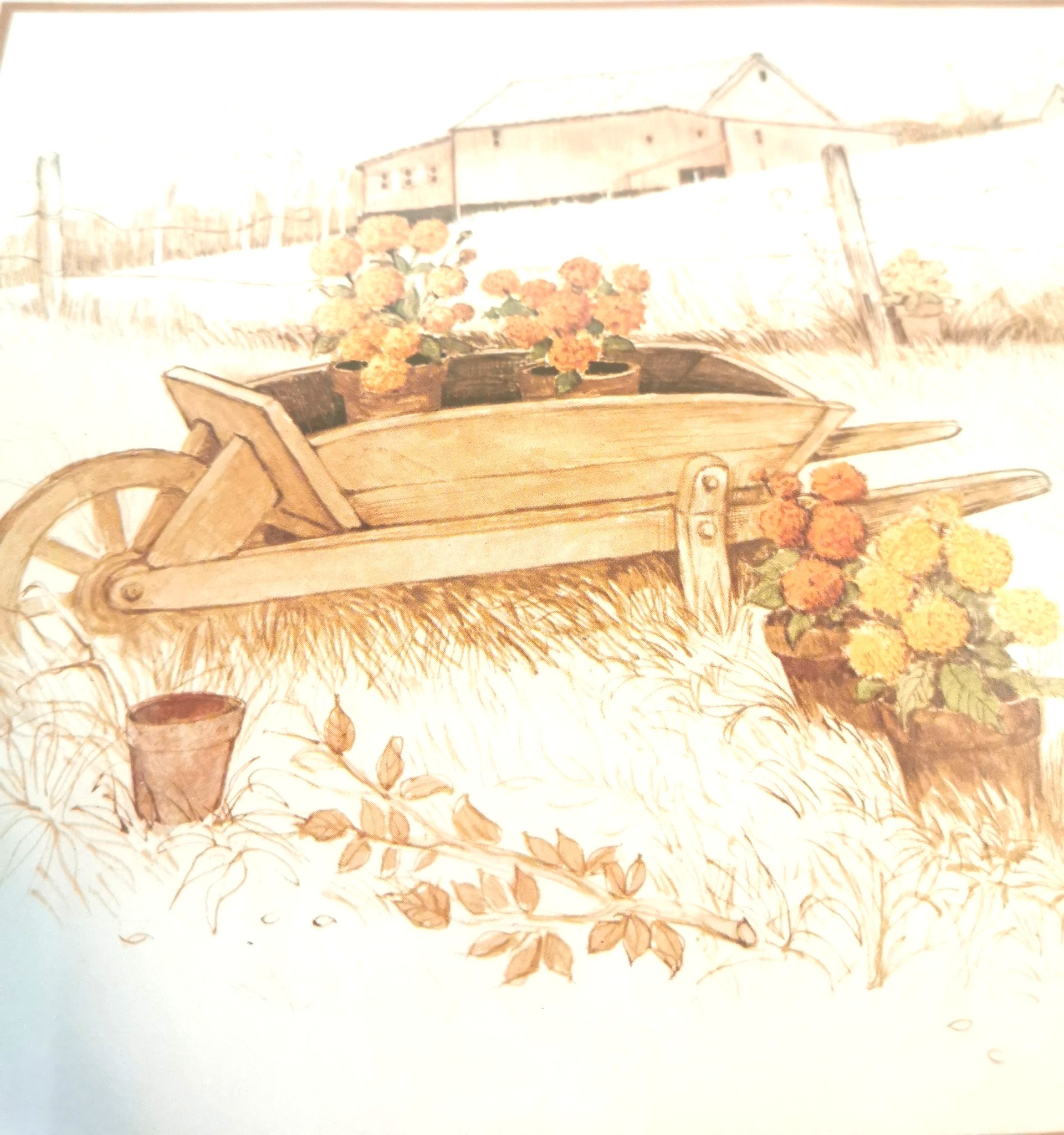 Wesley Hall Wood Prints Wishing Well Wheelbarrow 1970s 12.5x10.5 - photo 2