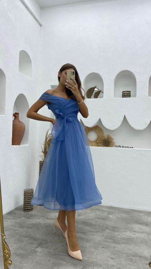 Size Small Blue Tulle Off- the-Shoulder Midi Dress with Bow Belt