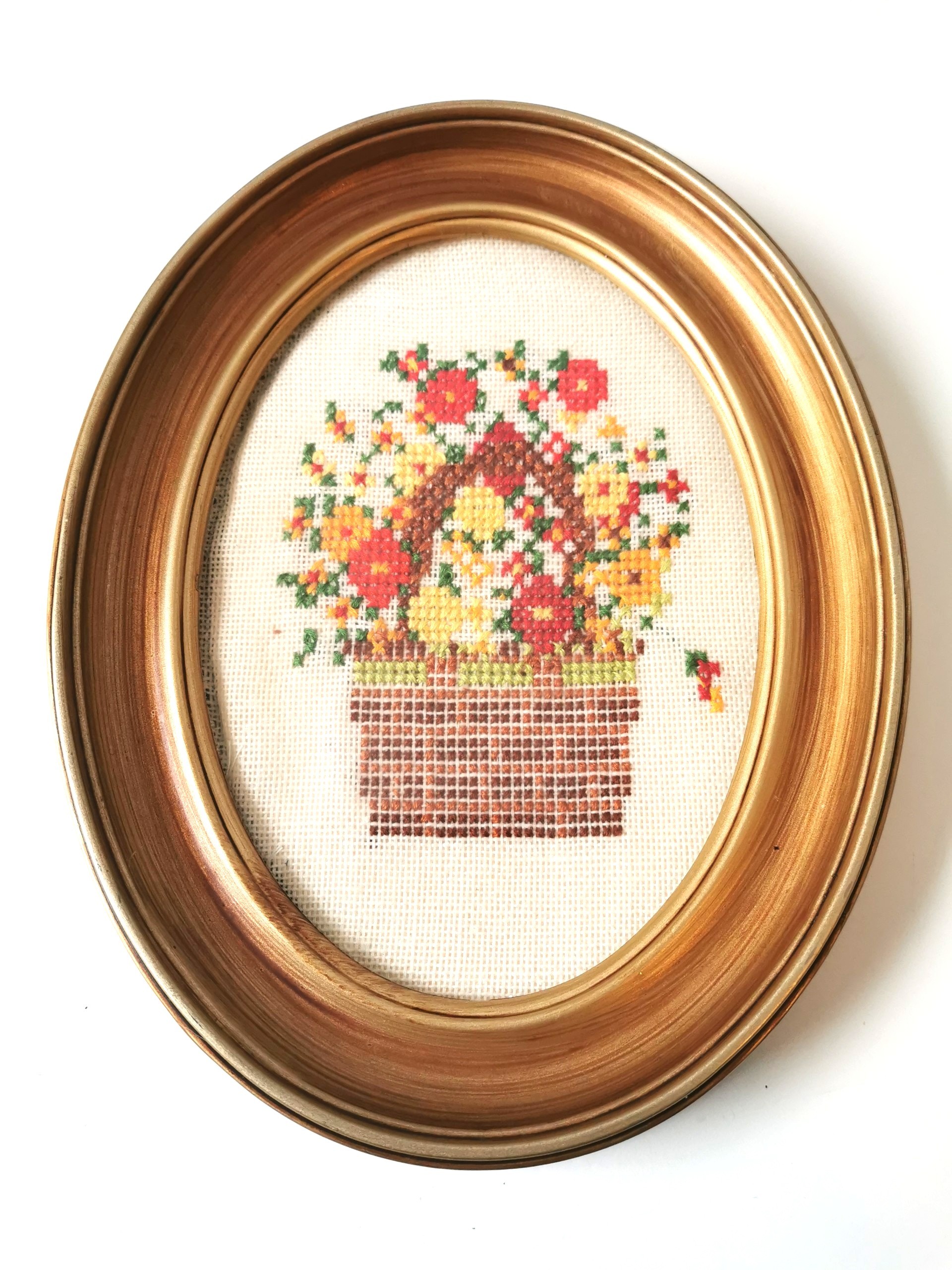 Vtg Casita Needlepoint Framed Art Flower Basket Hand Made