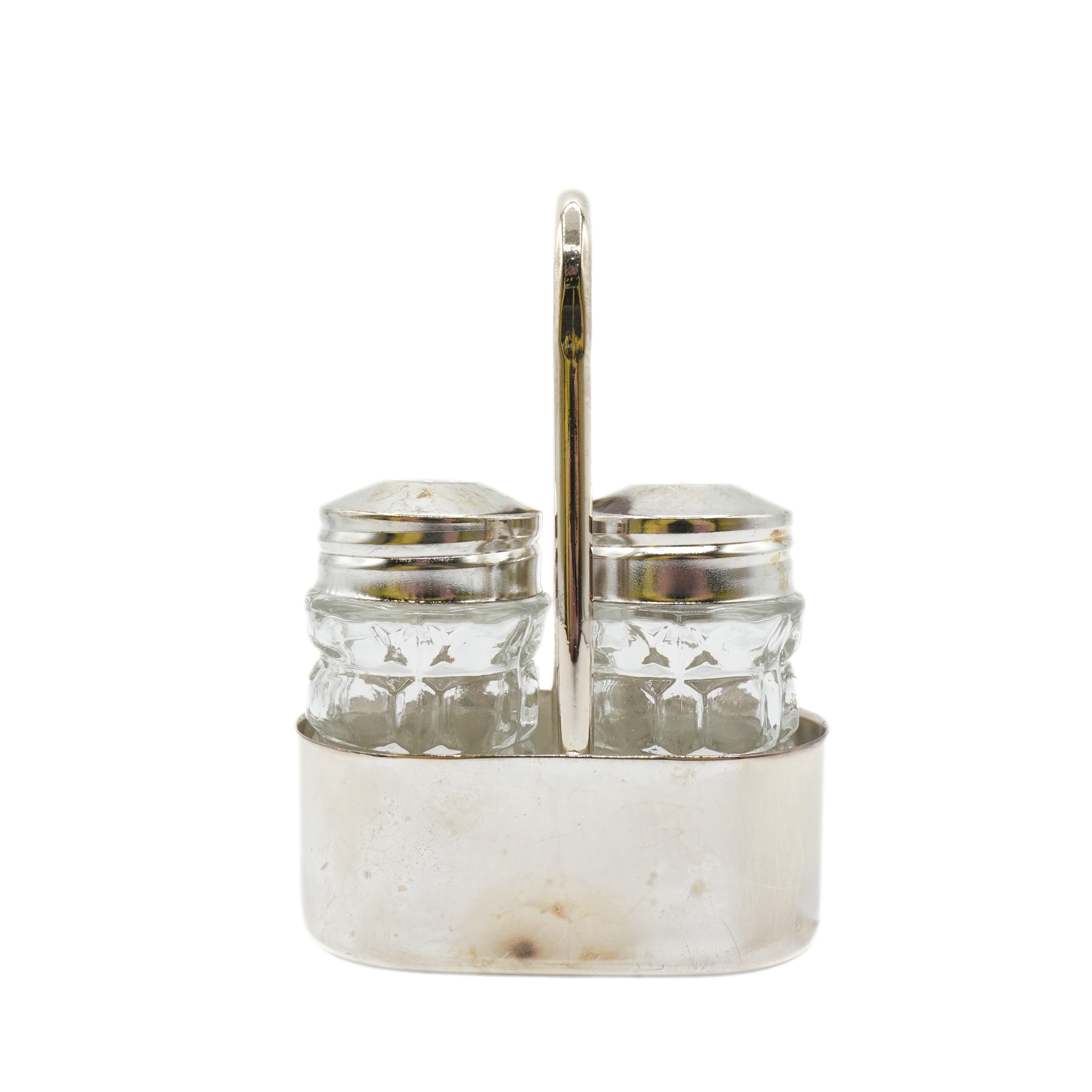 Vintage Glass Salt & Pepper Shakers with Silver Holder