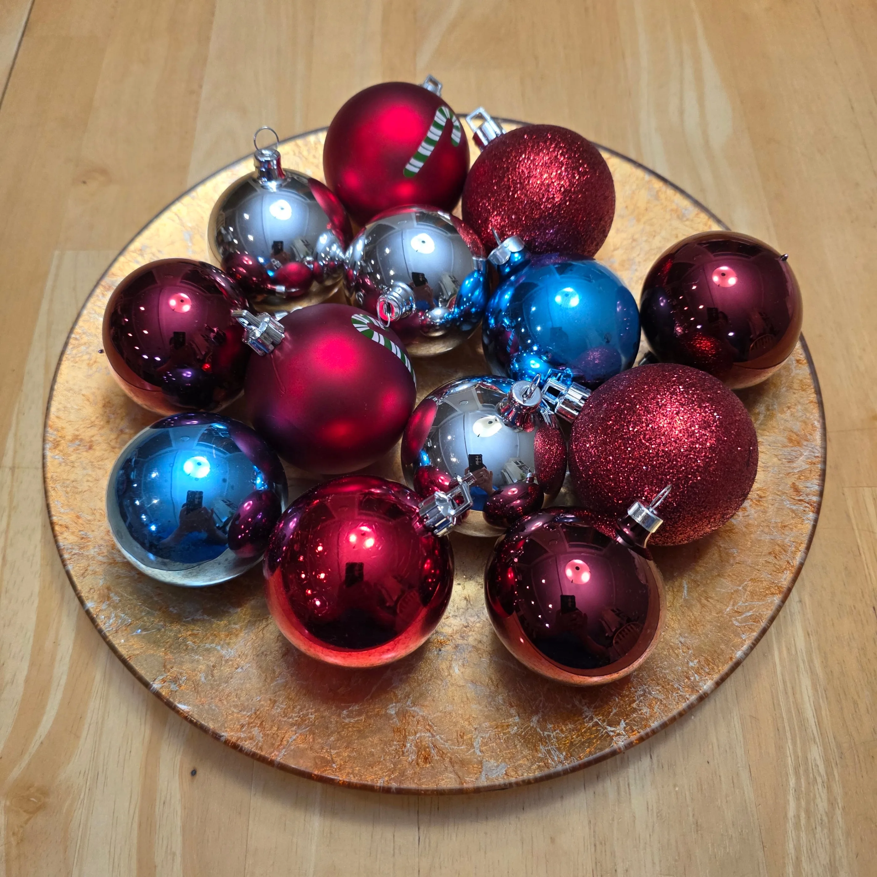 Glass Plate with Christmas Baubles or Christmas Tree Ornaments