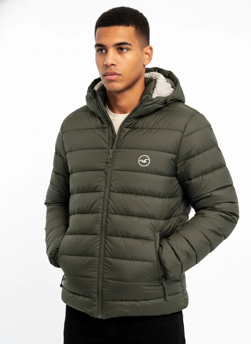 HOLLISTER Mens Green Puffer Jacket Sherpa Hood Coat Winter Sz. L image indicator(6)