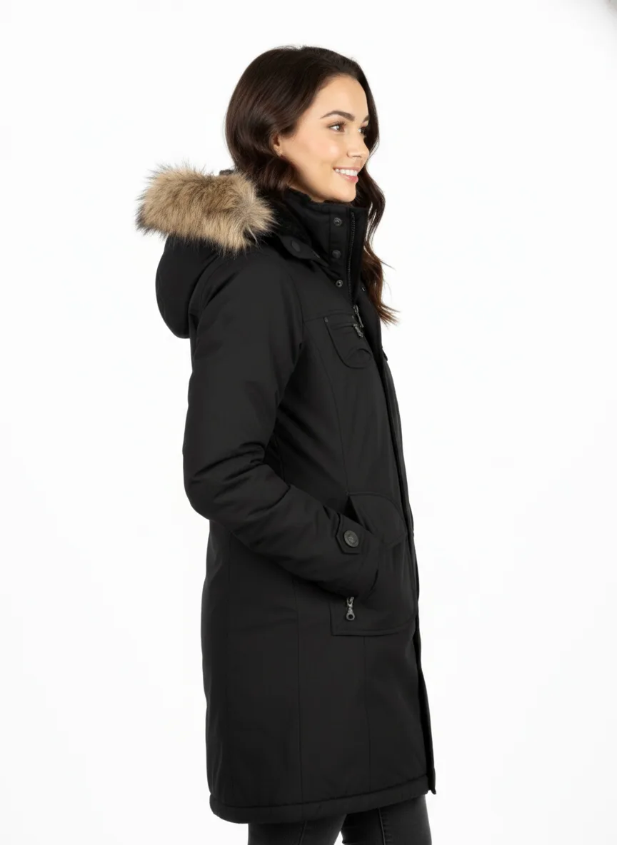 🔥 ARITZIA TNA Parka Black Long Coat Faux Fur Hood Women's (S) image indicator(3)