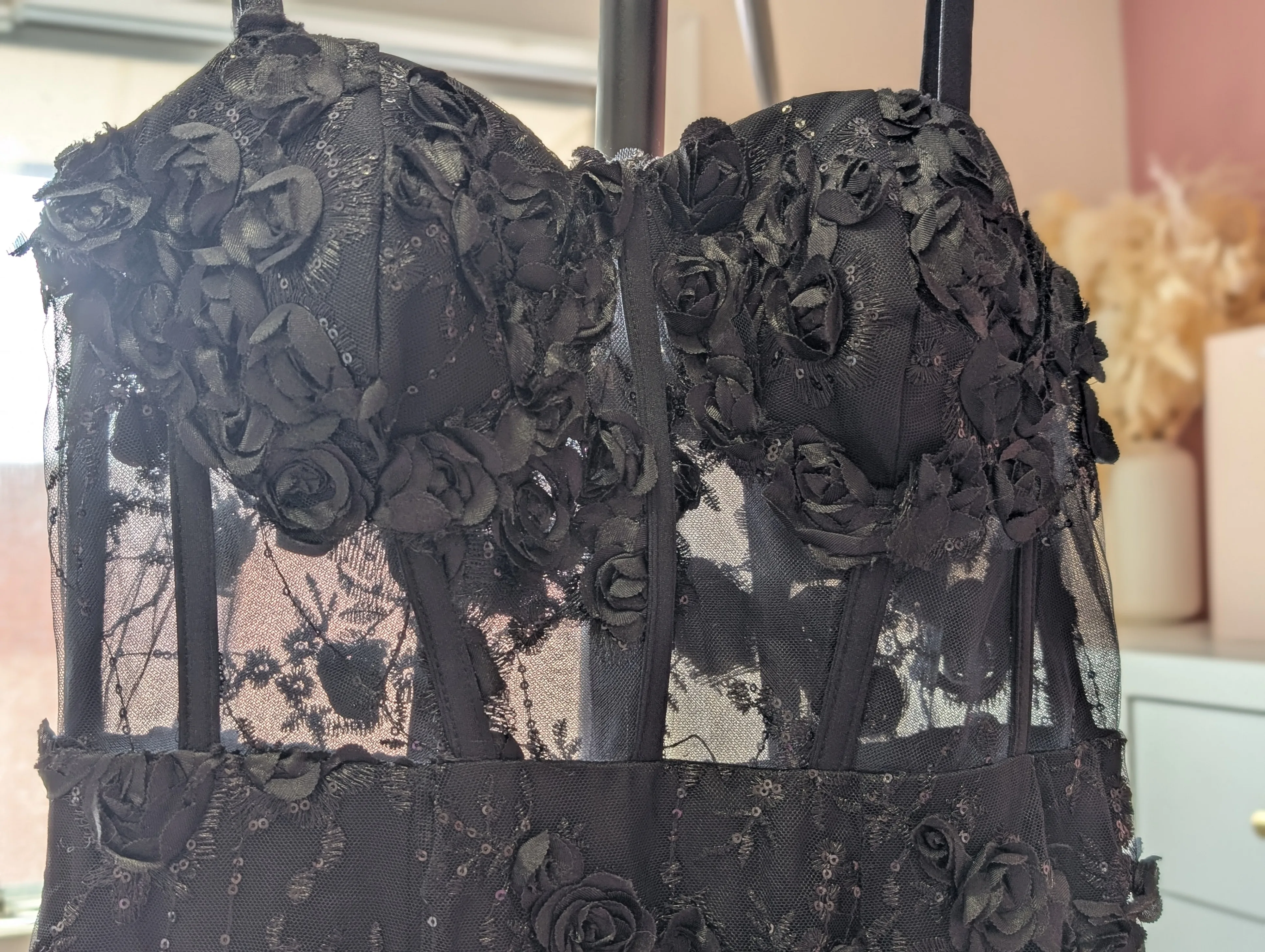 Size Small Black Corset Gown with 3D Floral Embellishments image indicator(5)