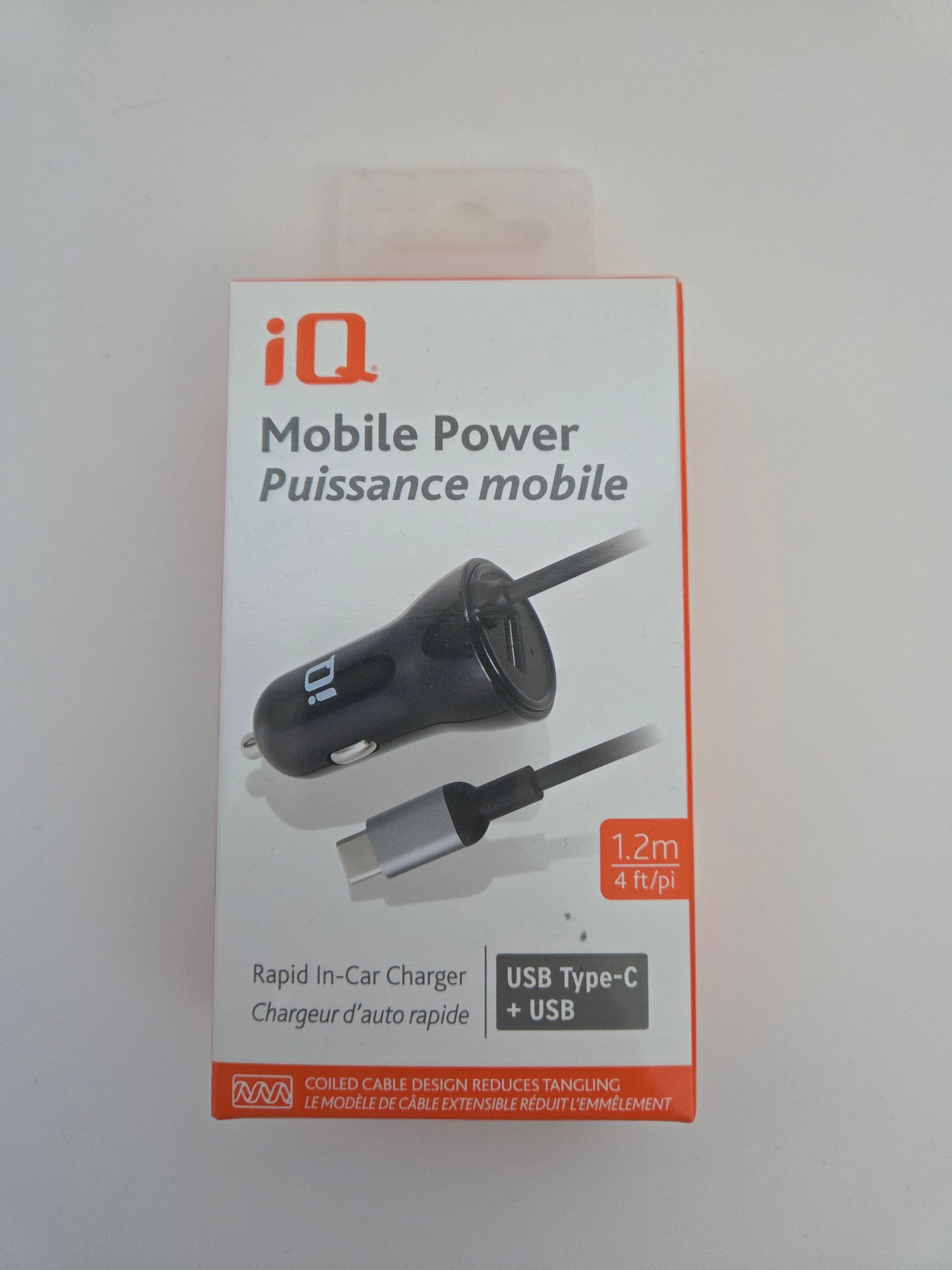 iQ USB-C Car Charger + USB Port, 3A/4A Max, 1.2 m