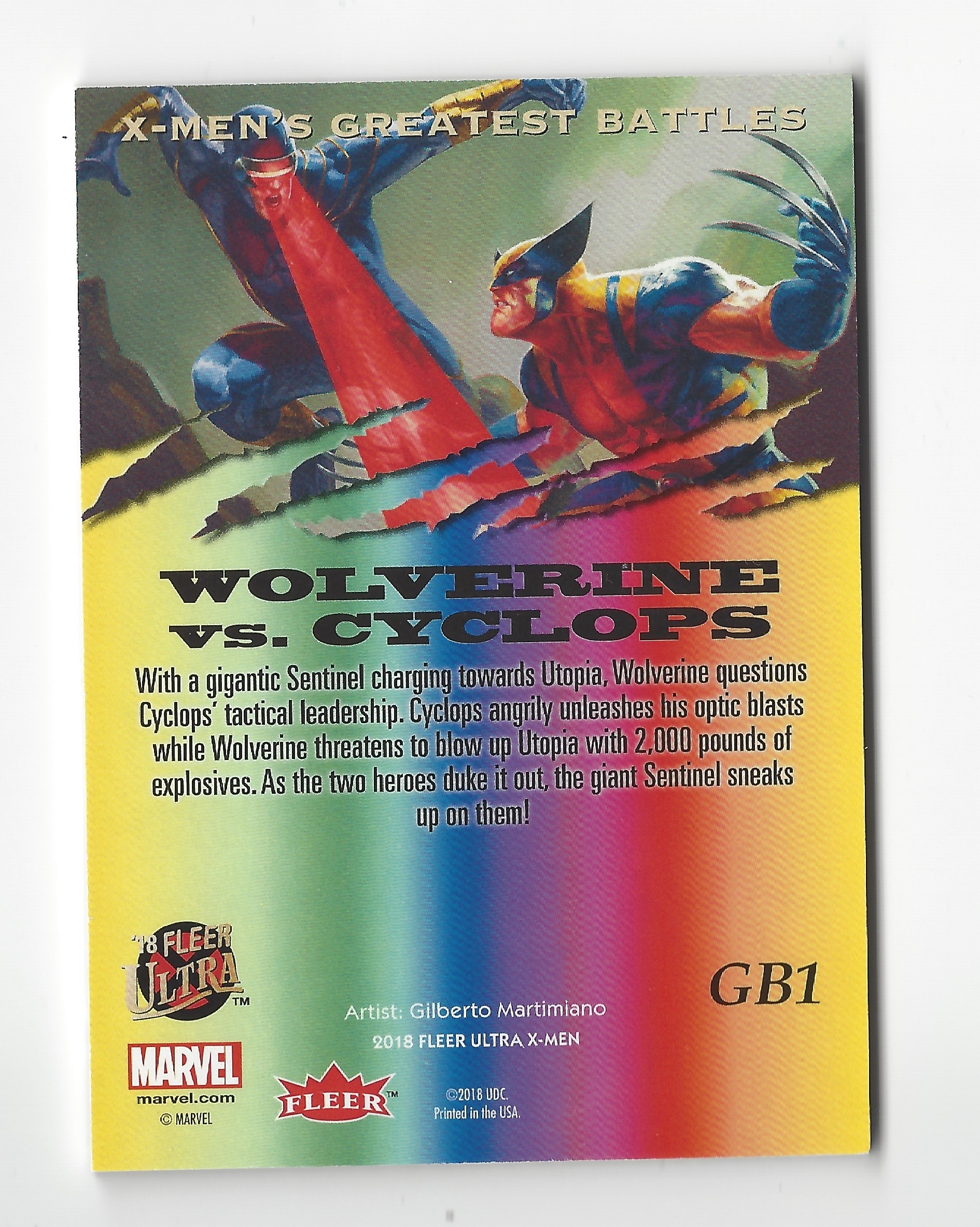 2018 Fleer Ultra X-Men Trading Card #GB1 Wolverine vs Cyclops - photo 2